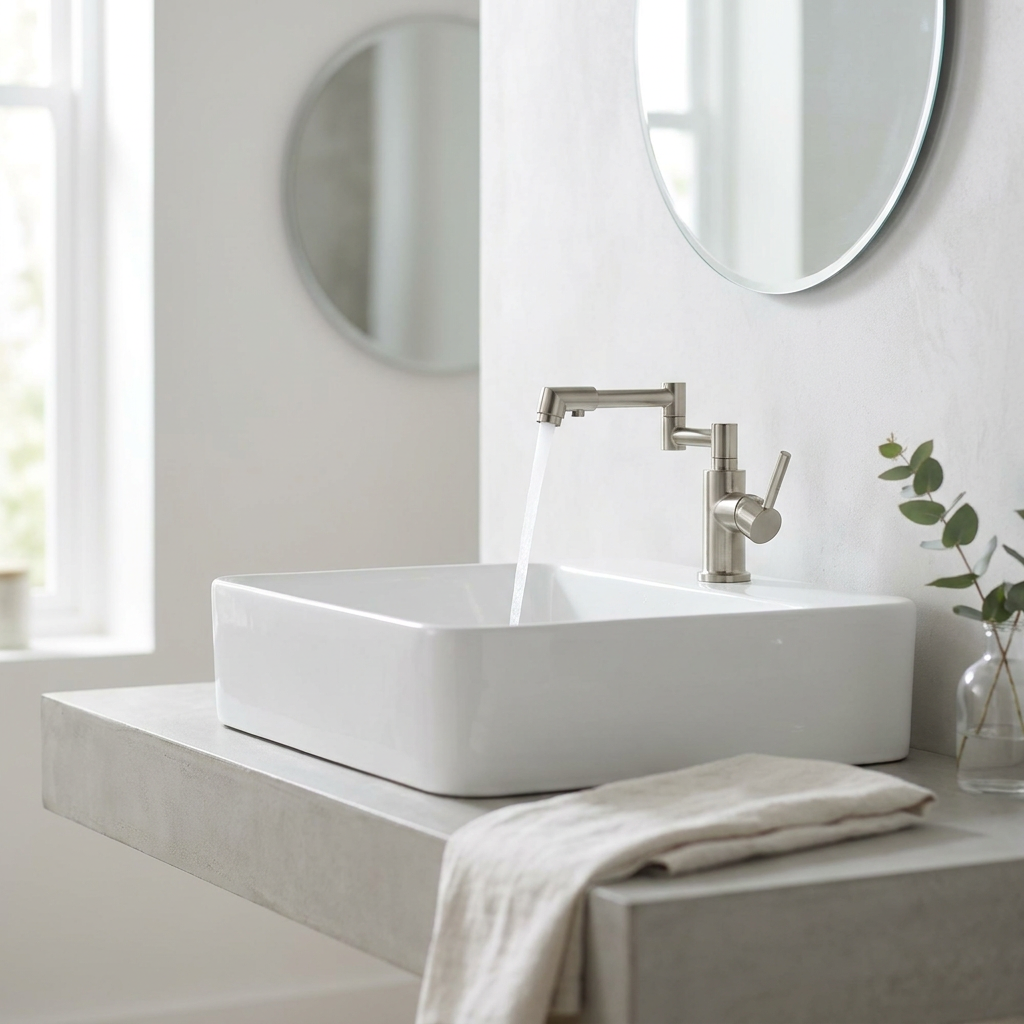 Rotatable bathroom faucet installed on a rectangular countertop basin