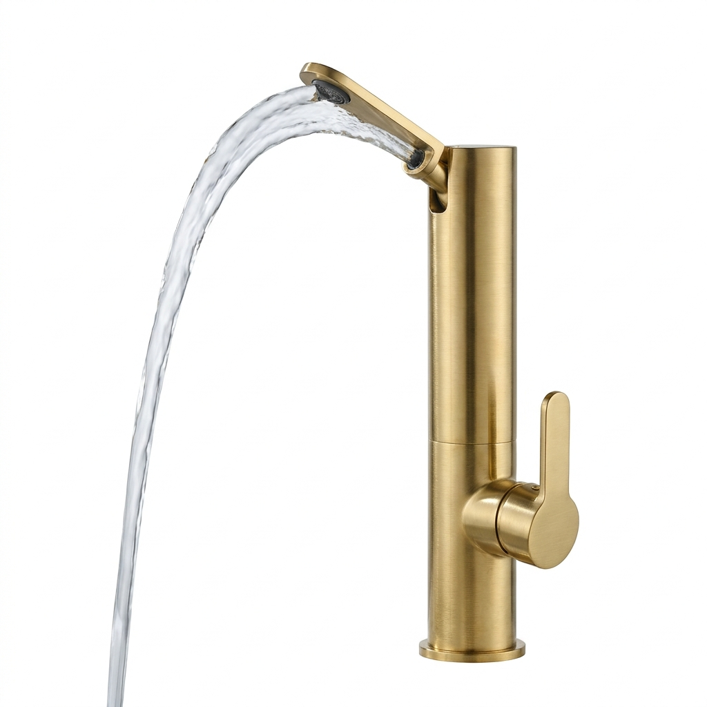 Bathroom faucet in brushed gold shown in upward fountain mode
