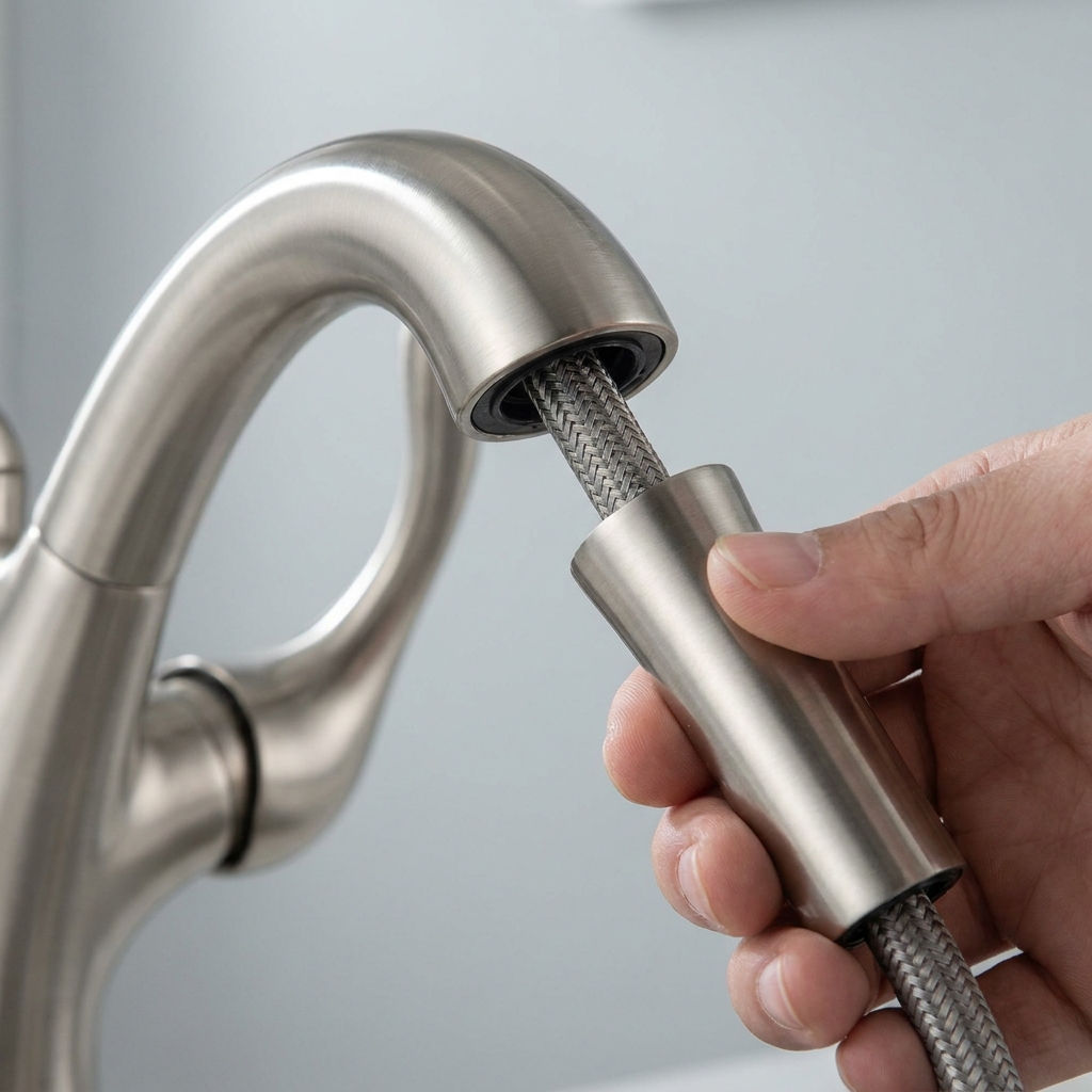 Close-up of the pull-down wand drawn out of the spout