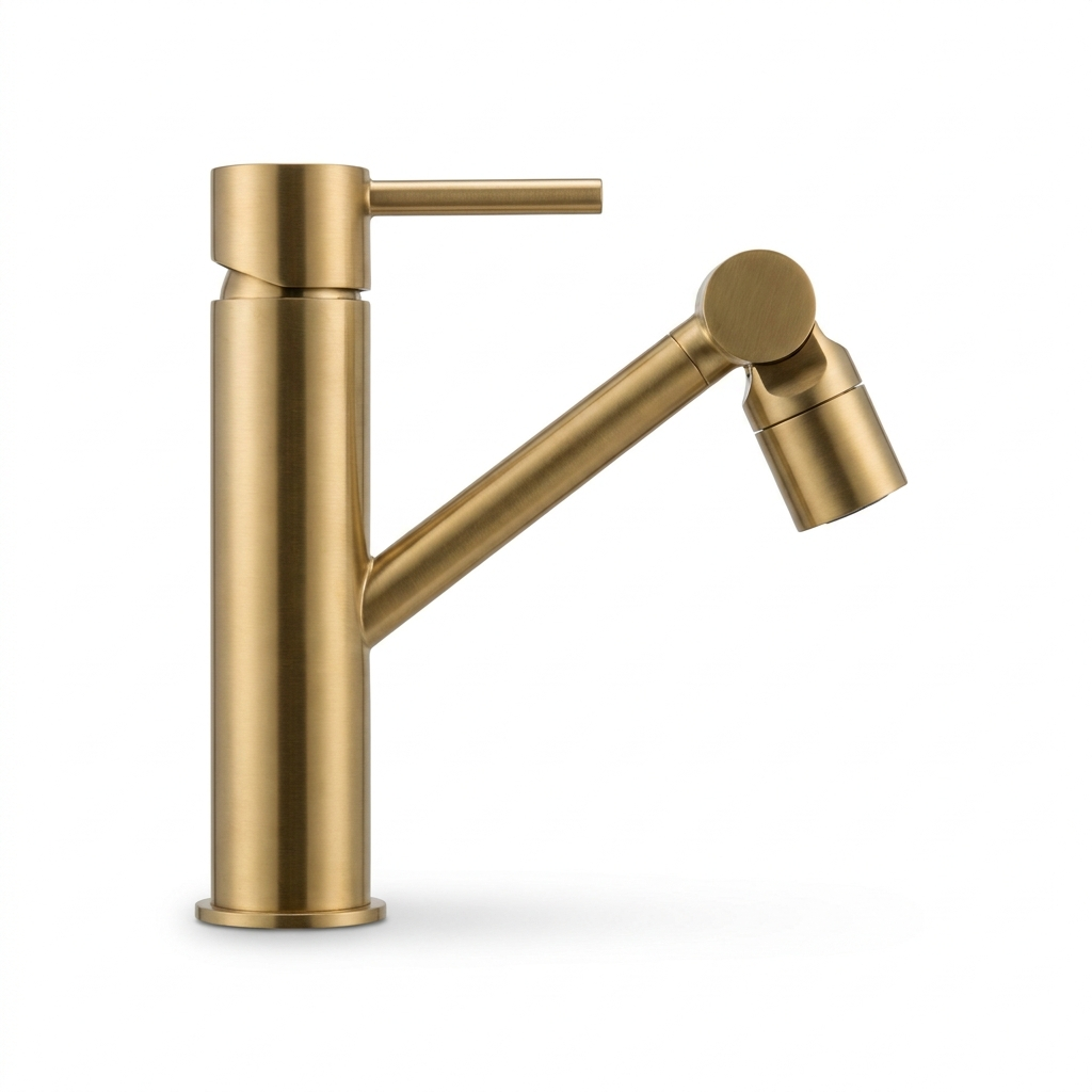 Rotatable bathroom faucet in brushed gold with the arm swung to the side