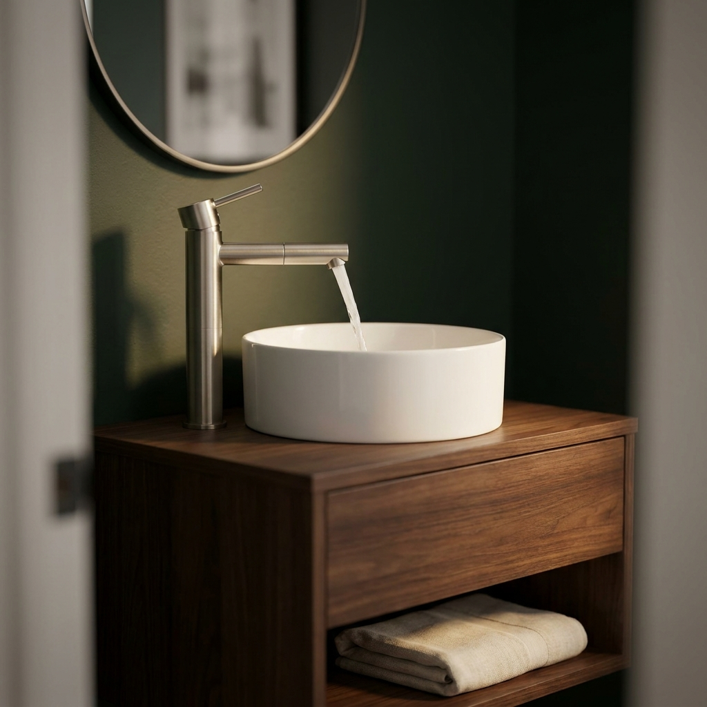 Bathroom faucet installed on a round countertop basin