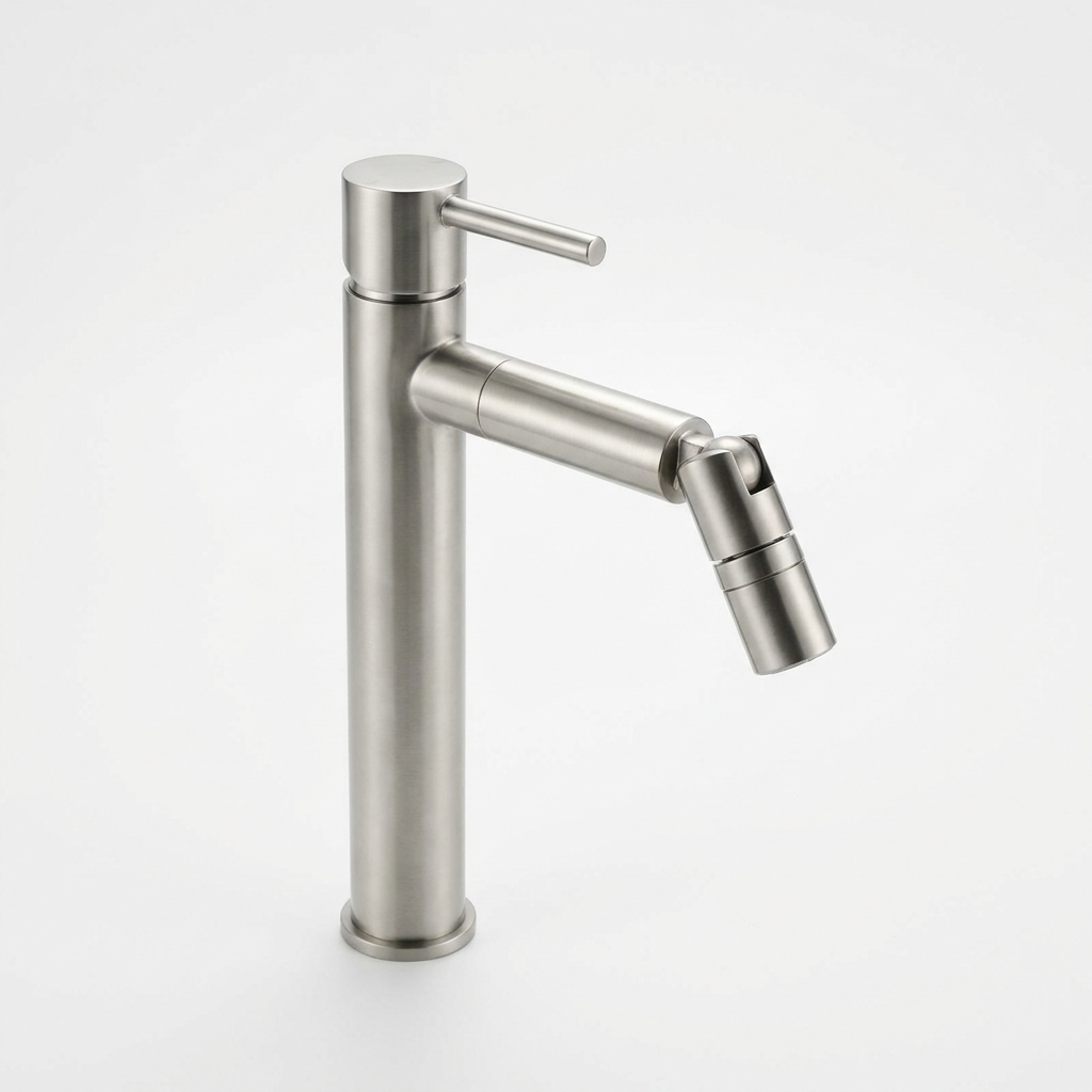 360 degree rotatable single-hole bathroom faucet in brushed nickel