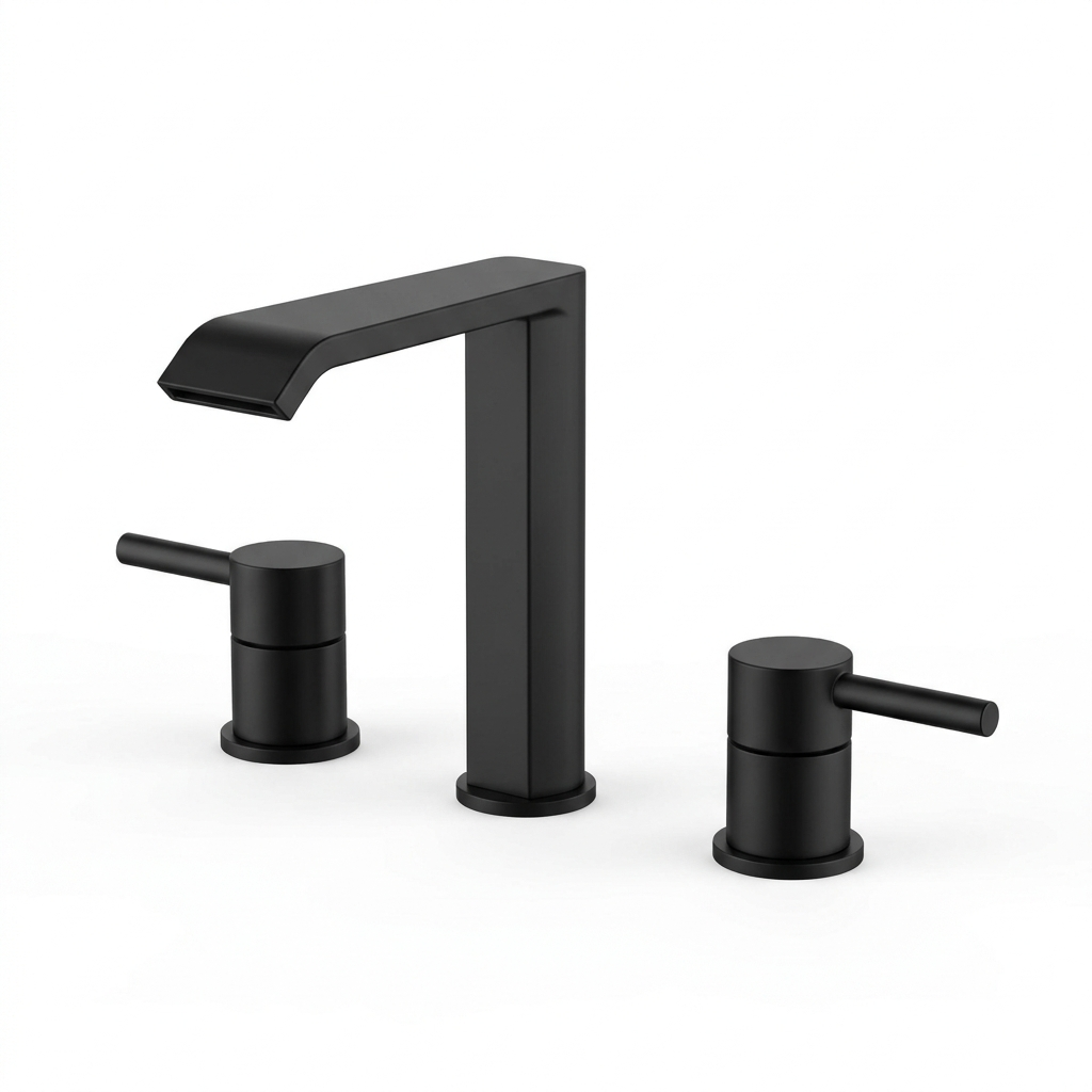 Three-piece widespread waterfall bathroom faucet in matte black
