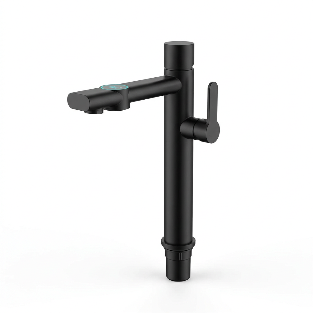 Rotating bathroom faucet with built-in filter in matte black, front view