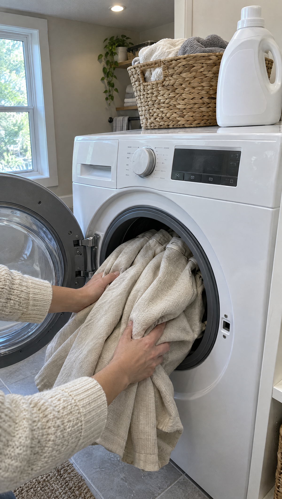 A hemmed curtain being put into a front-loading washing machine