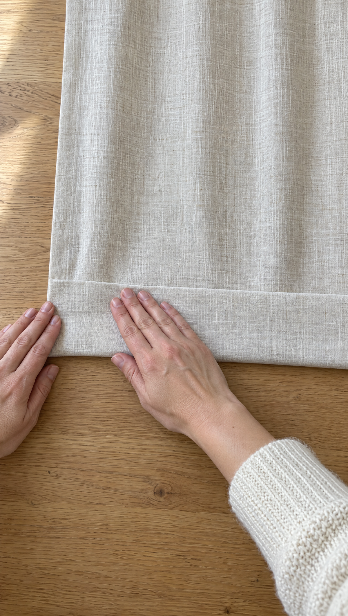 A palm pressing along a folded curtain hem