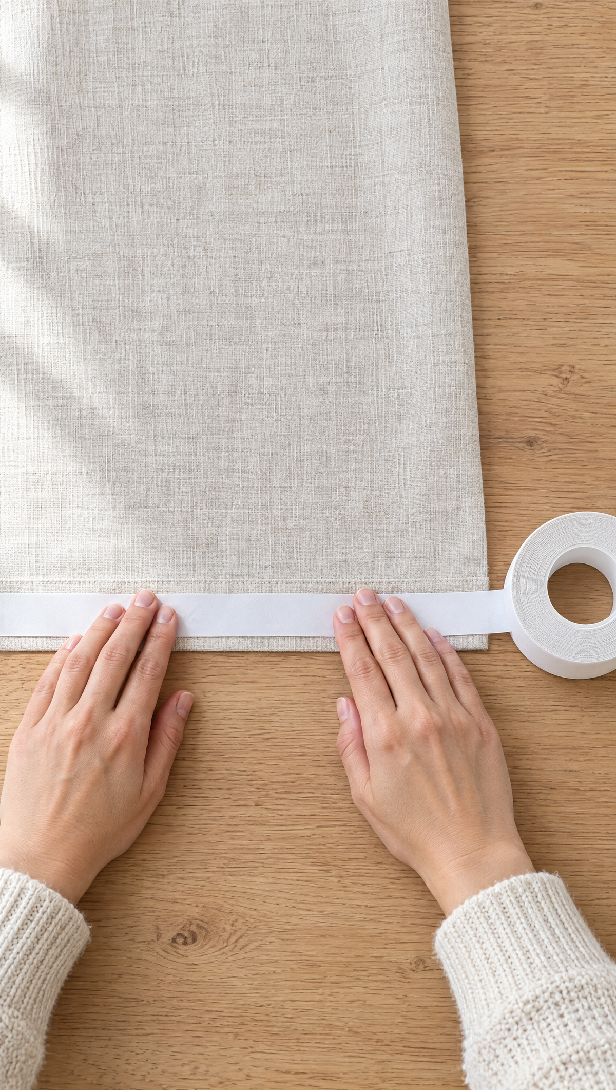 Hands pressing a strip of white hem tape along the bottom edge of a curtain