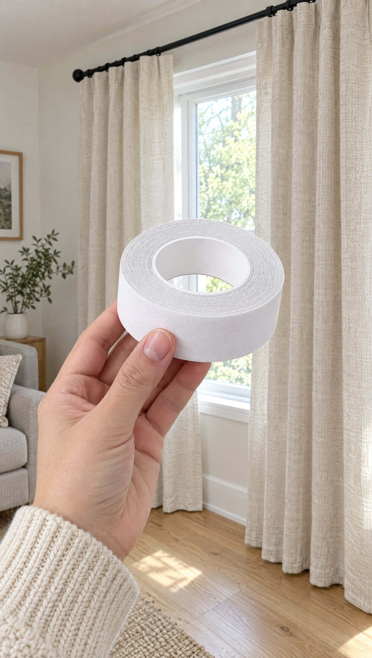A hand holding a roll of white hem tape in front of curtains