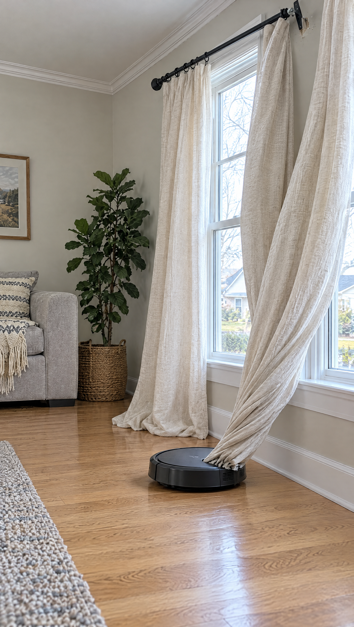 A robot vacuum stuck with a too-long curtain pulled into it