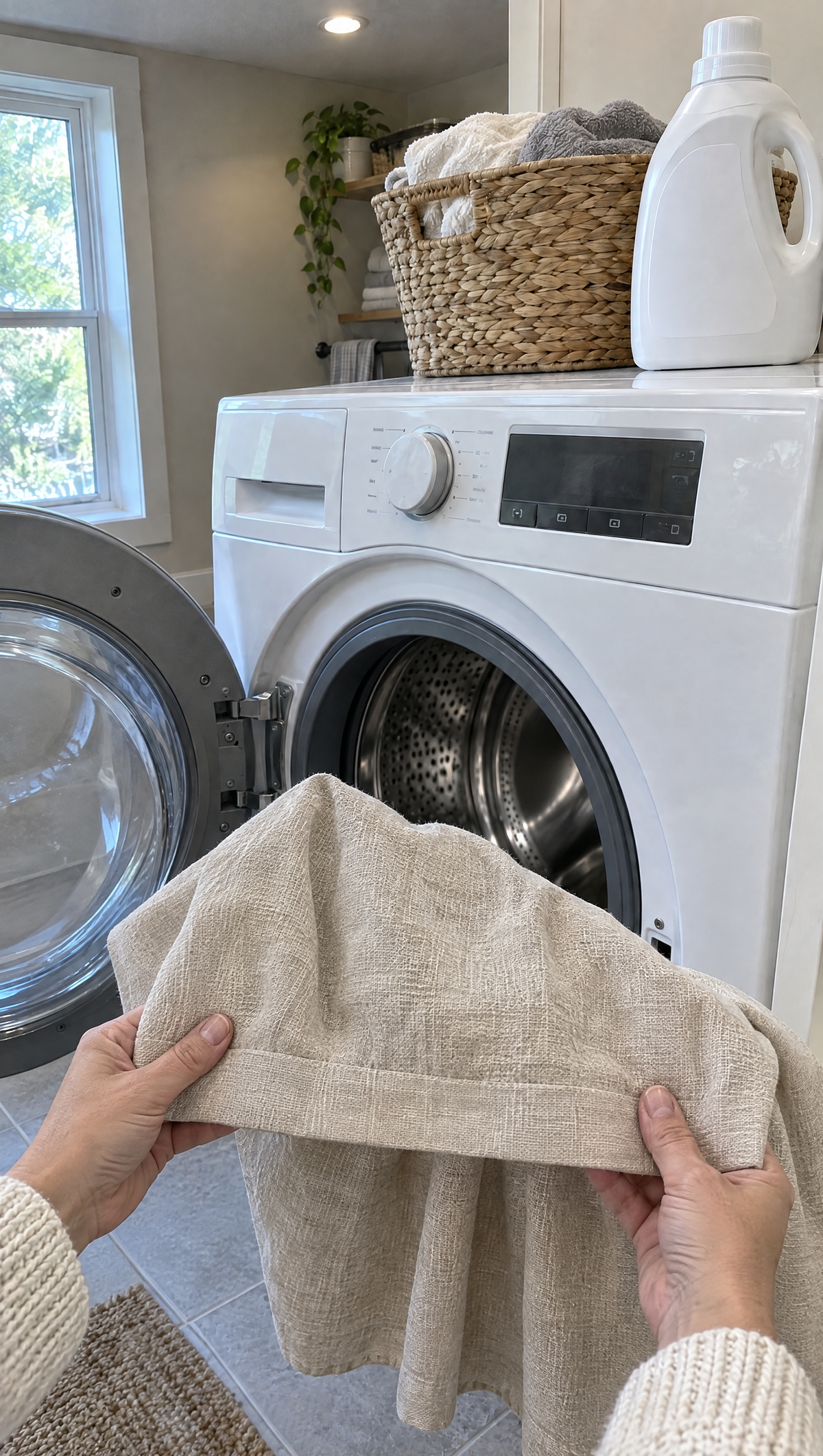 Hands holding up a washed curtain showing a flat, closed hem