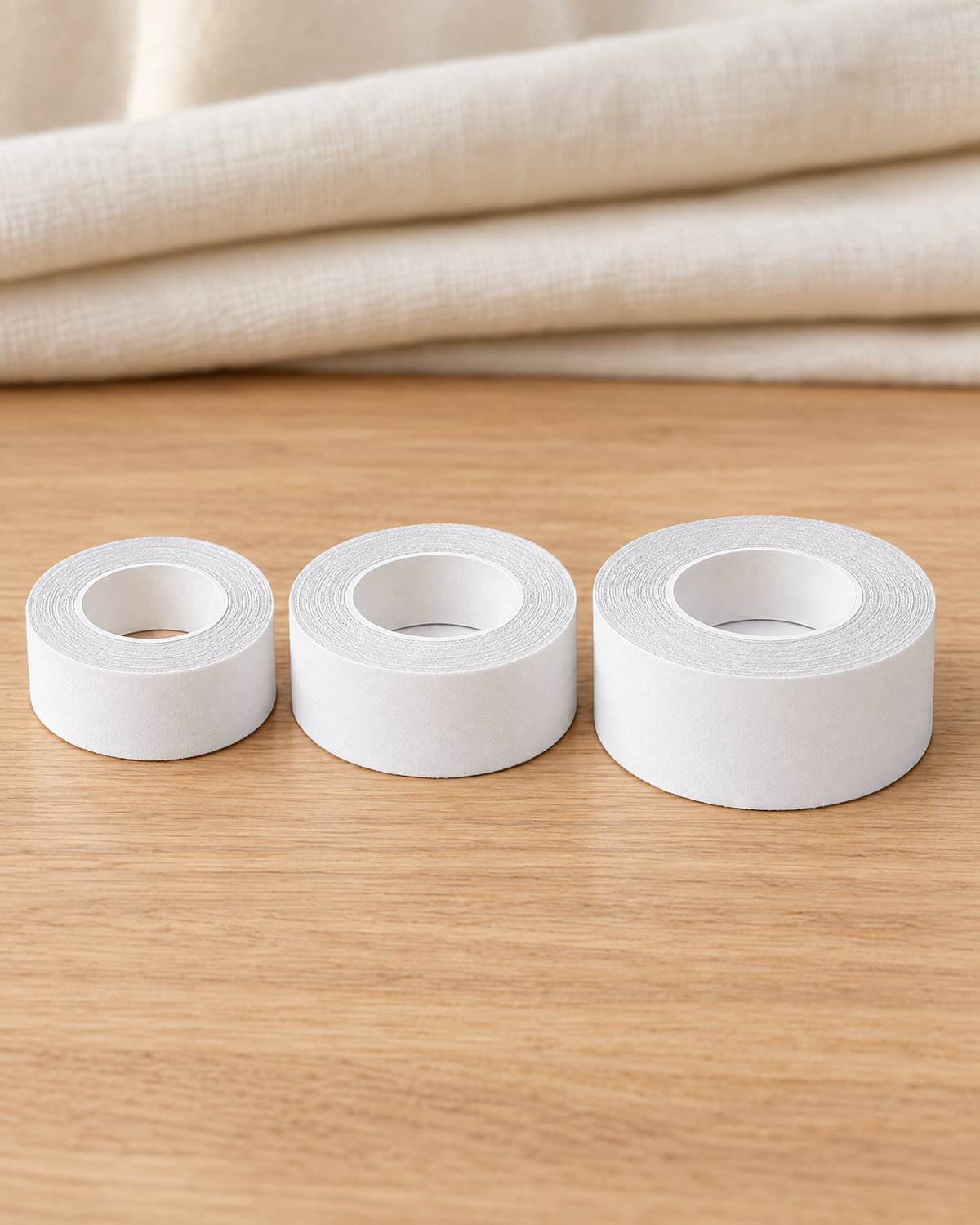 Three rolls of white hem tape in 1 cm, 2 cm and 3 cm widths