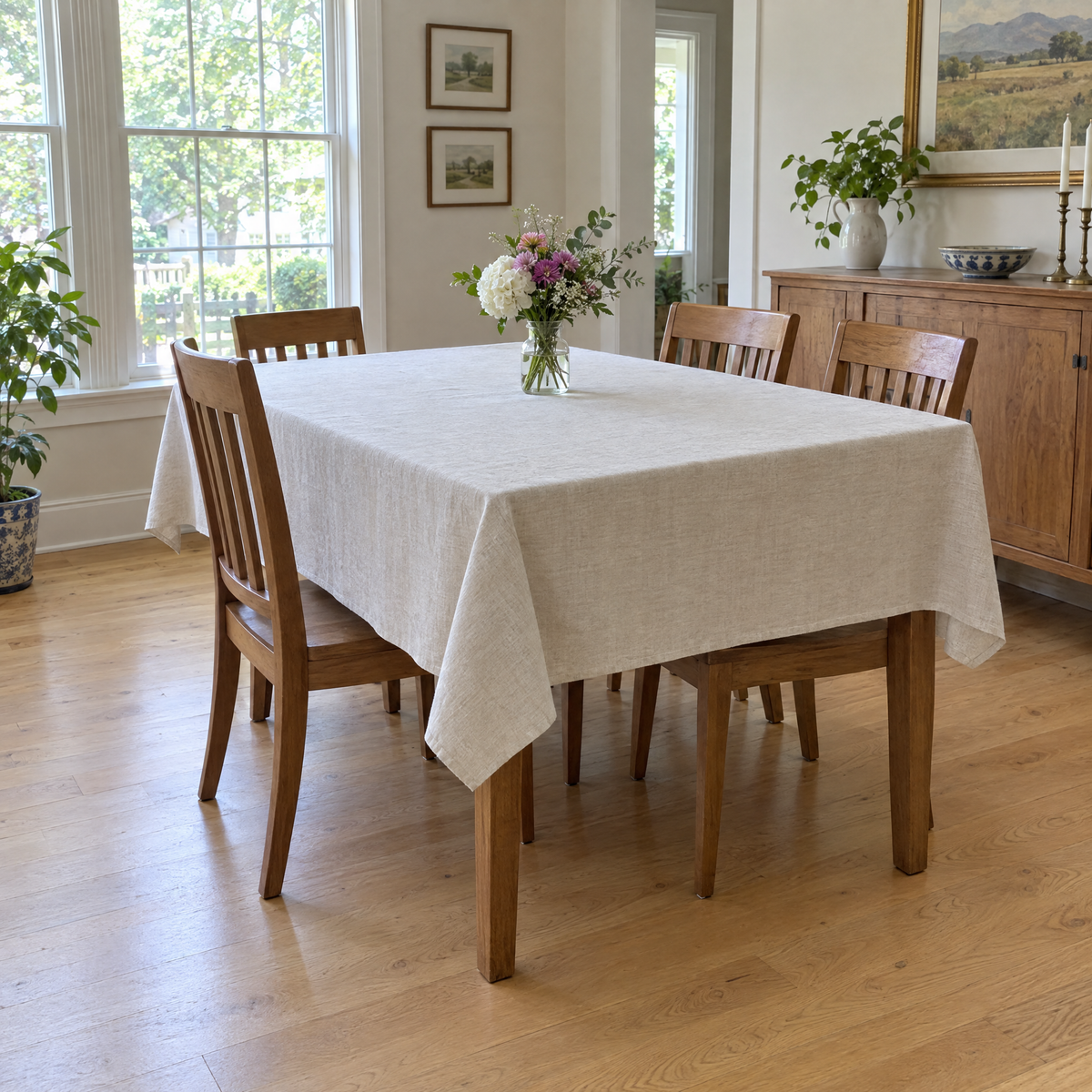 A dining table with a tablecloth hemmed to an even length