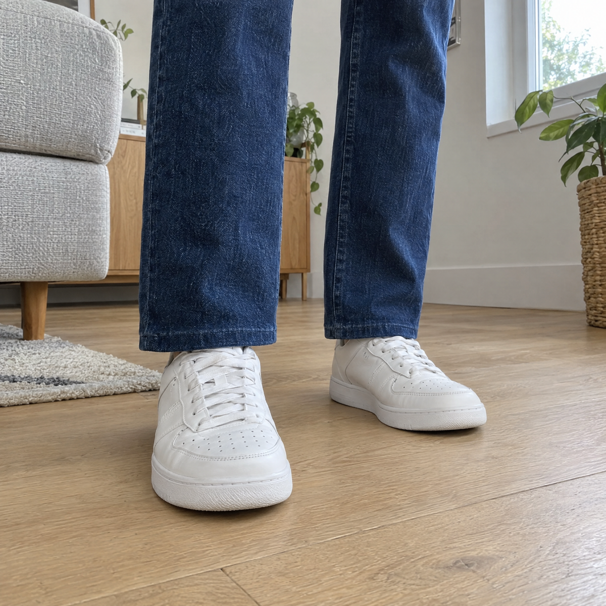 Jeans with neat hems ending at the top of white sneakers