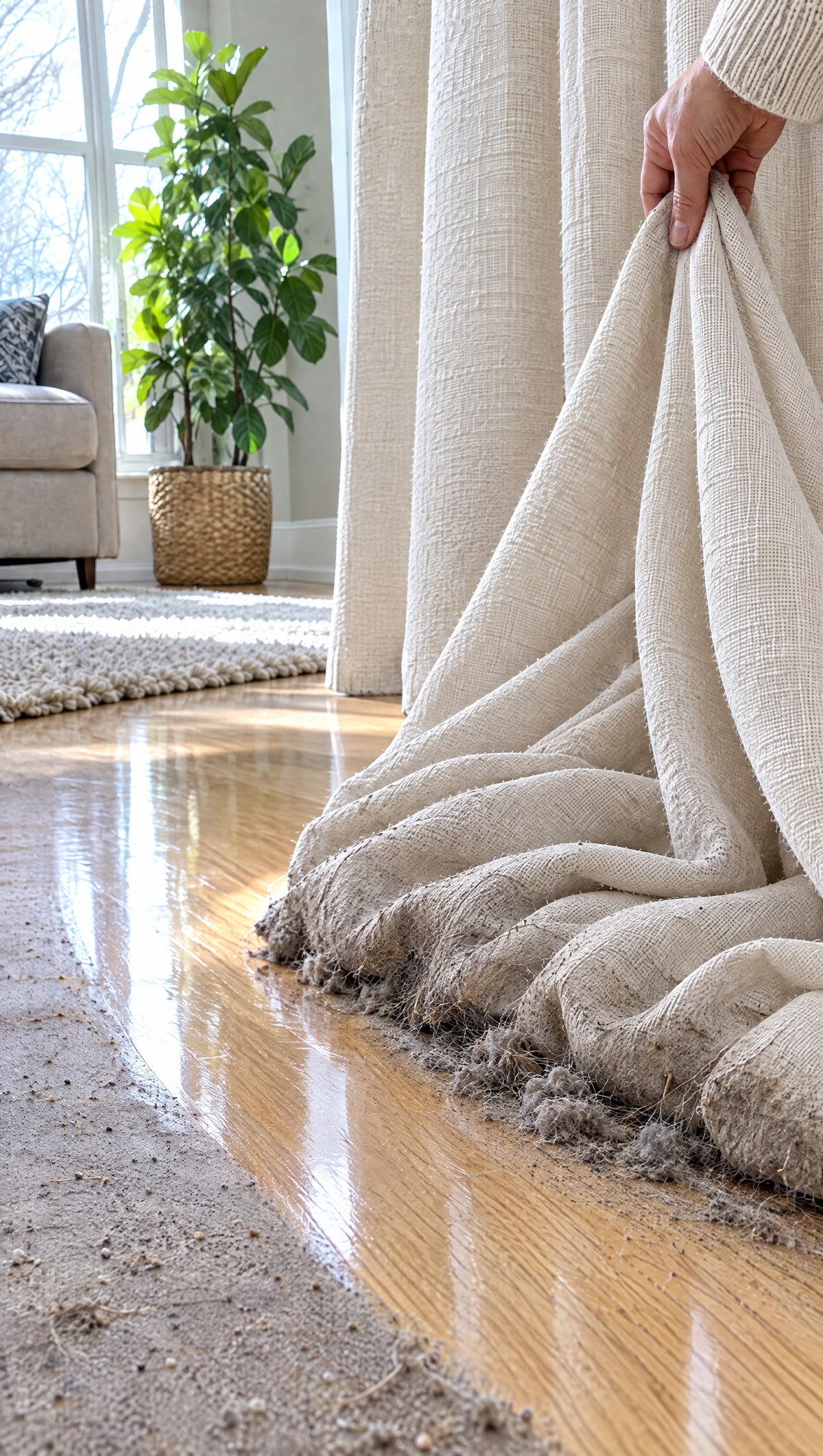 A too-long curtain lying in a heap on the floor, its hem covered in dust and hair
