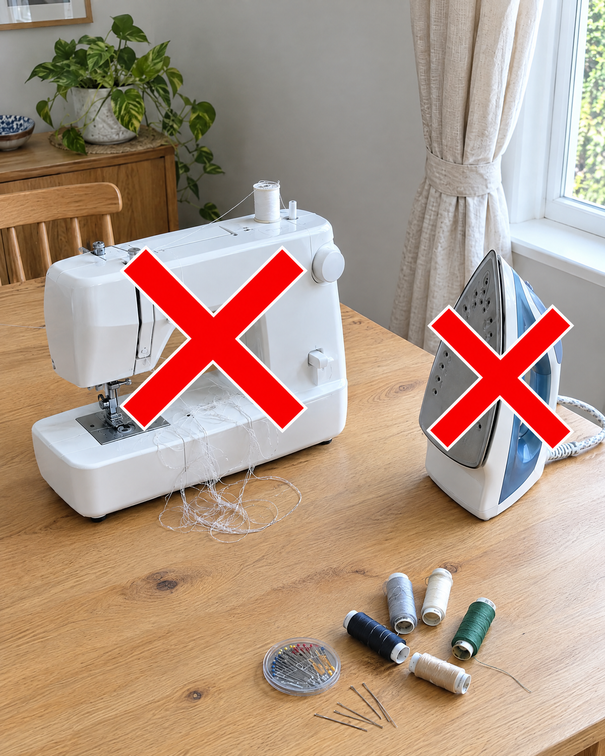 A sewing machine and an iron crossed out: neither is needed