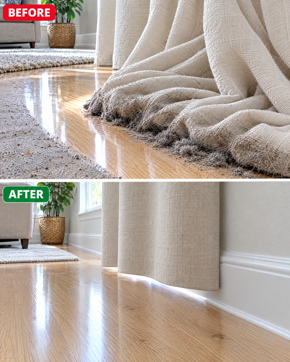 Before: a too-long curtain piled on the floor, its hem filthy with dust and hair. After: the same curtain with a neat hem just above the floor