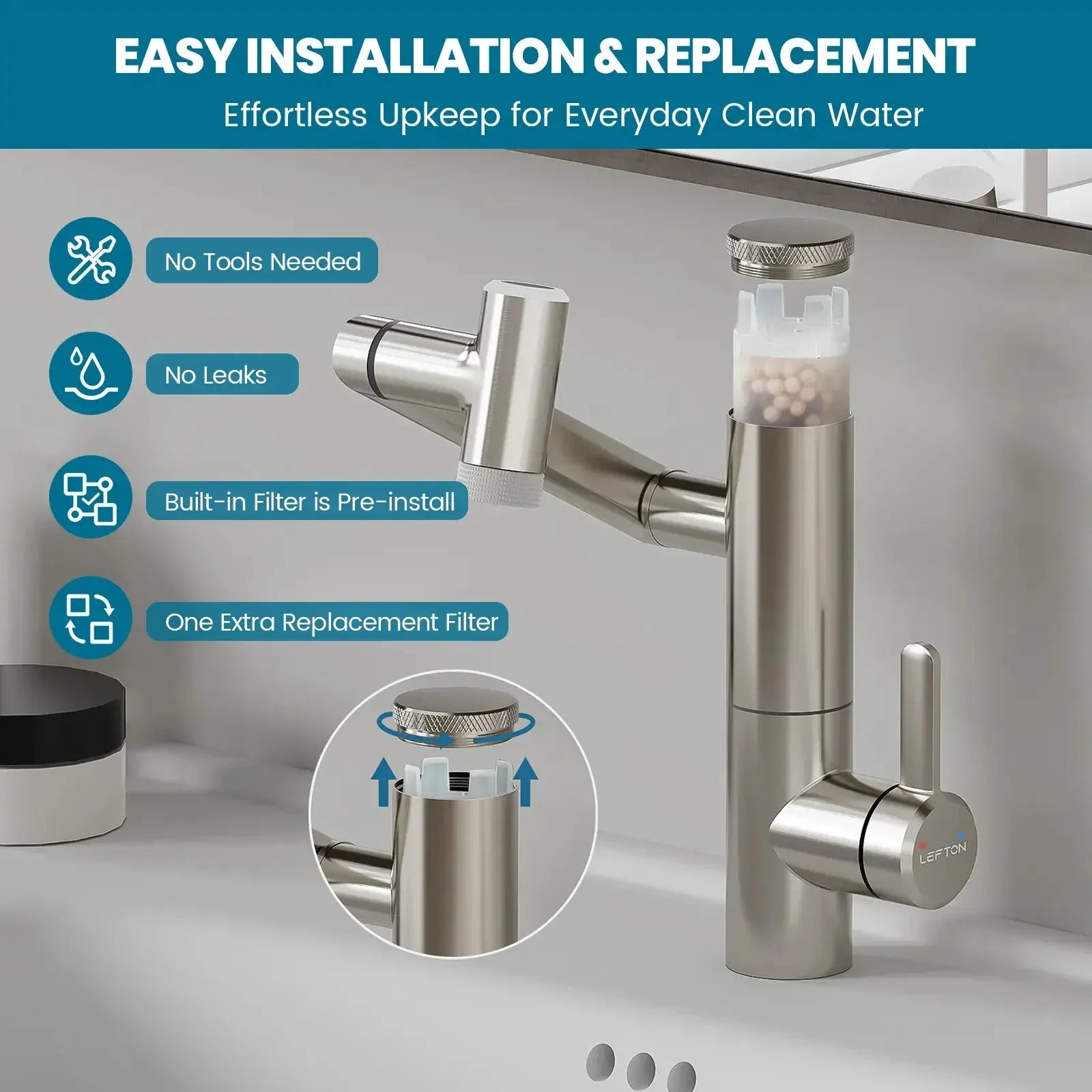Lefton 1080° Rotating Bathroom Built-in Filter Faucet With Temperature Display-BPF01