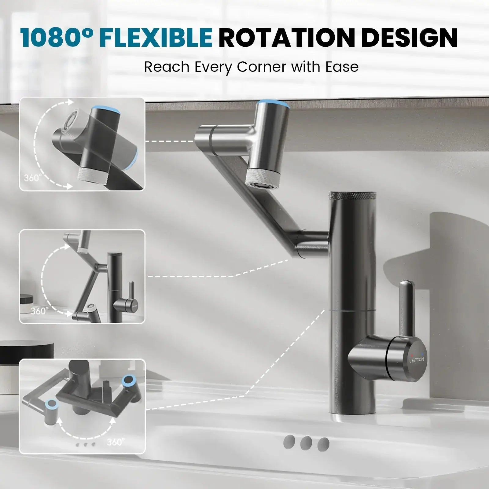 Lefton 1080° Rotating Bathroom Built-in Filter Faucet With Temperature Display-BPF01