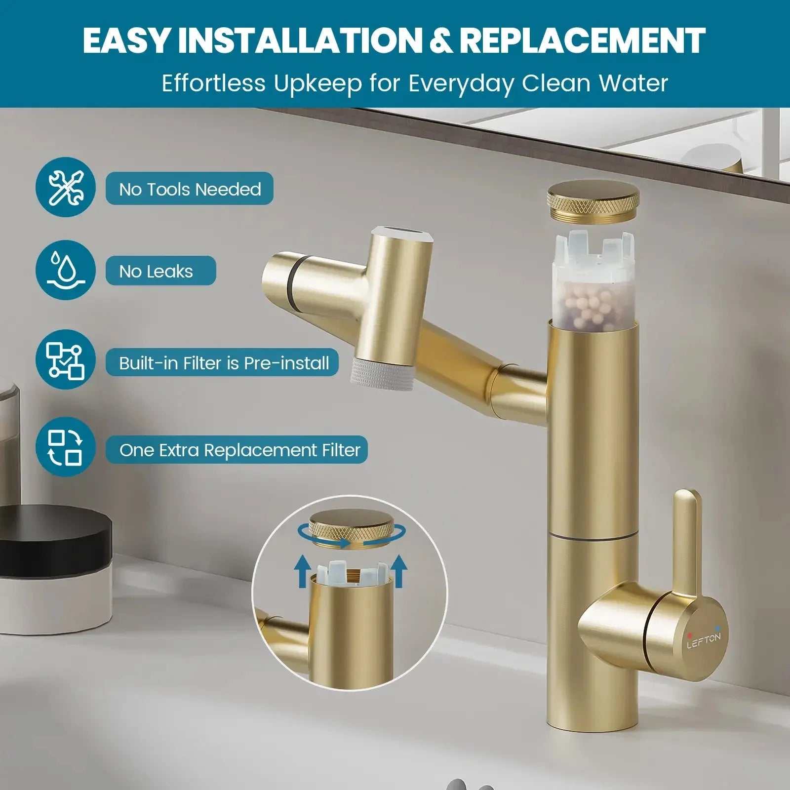 Lefton 1080° Rotating Bathroom Built-in Filter Faucet With Temperature Display-BPF01