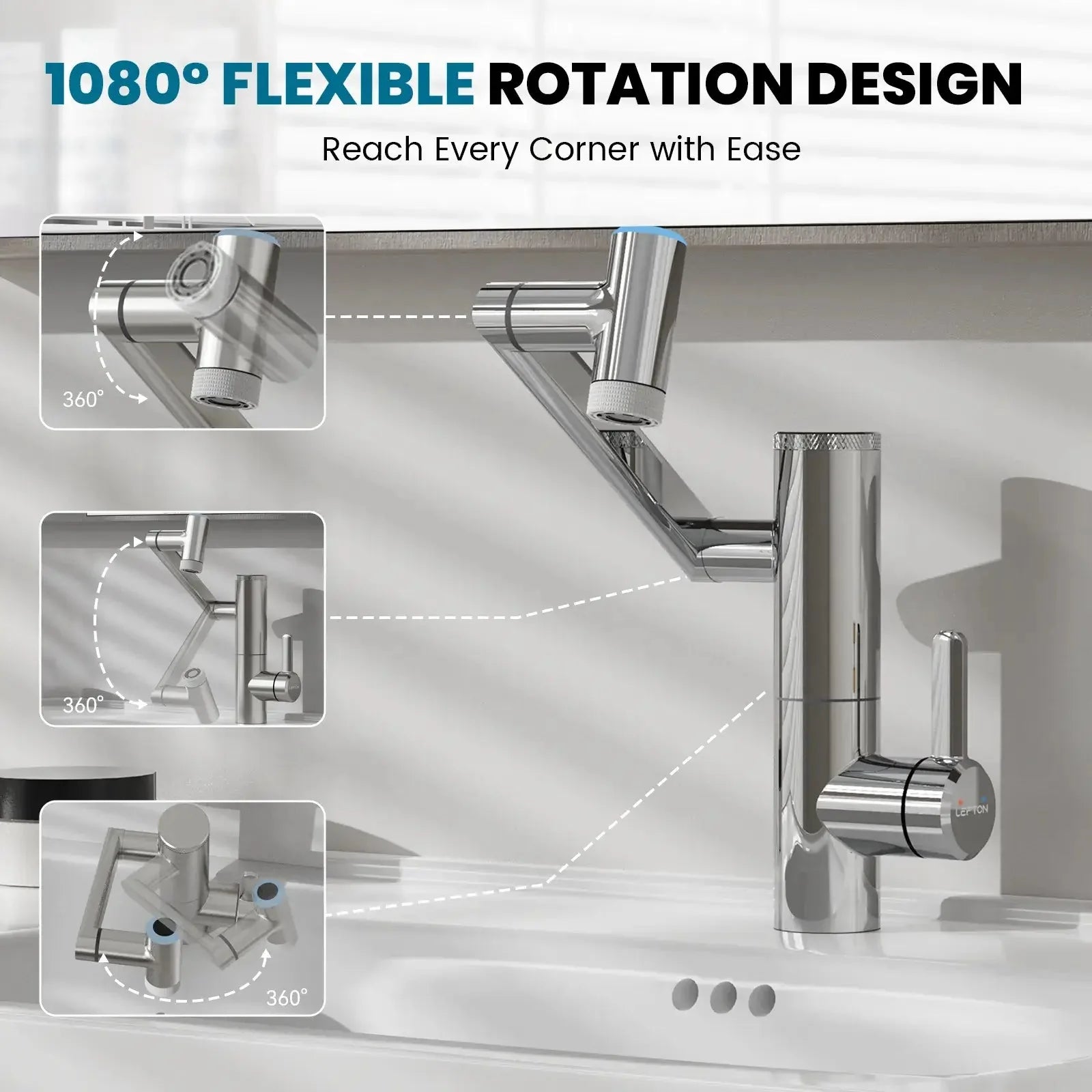 Lefton 1080° Rotating Bathroom Built-in Filter Faucet With Temperature Display-BPF01
