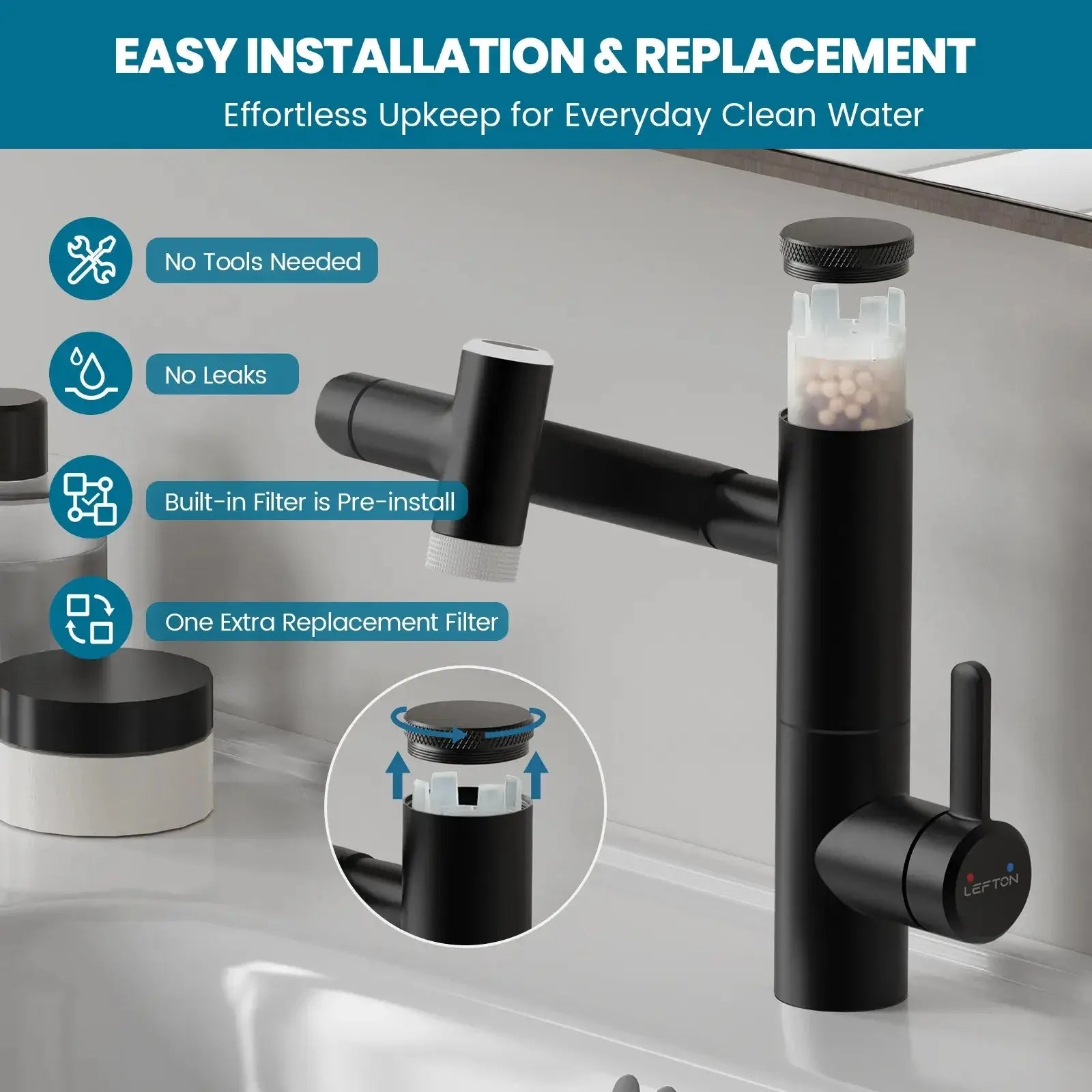 Lefton 1080° Rotating Bathroom Built-in Filter Faucet With Temperature Display-BPF01