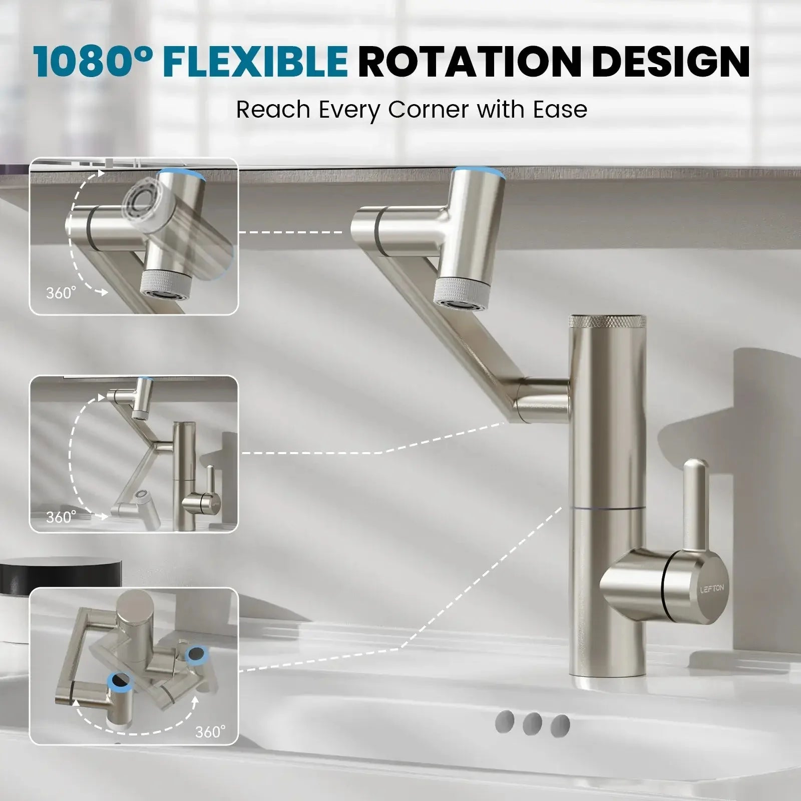Lefton 1080° Rotating Bathroom Built-in Filter Faucet With Temperature Display-BPF01