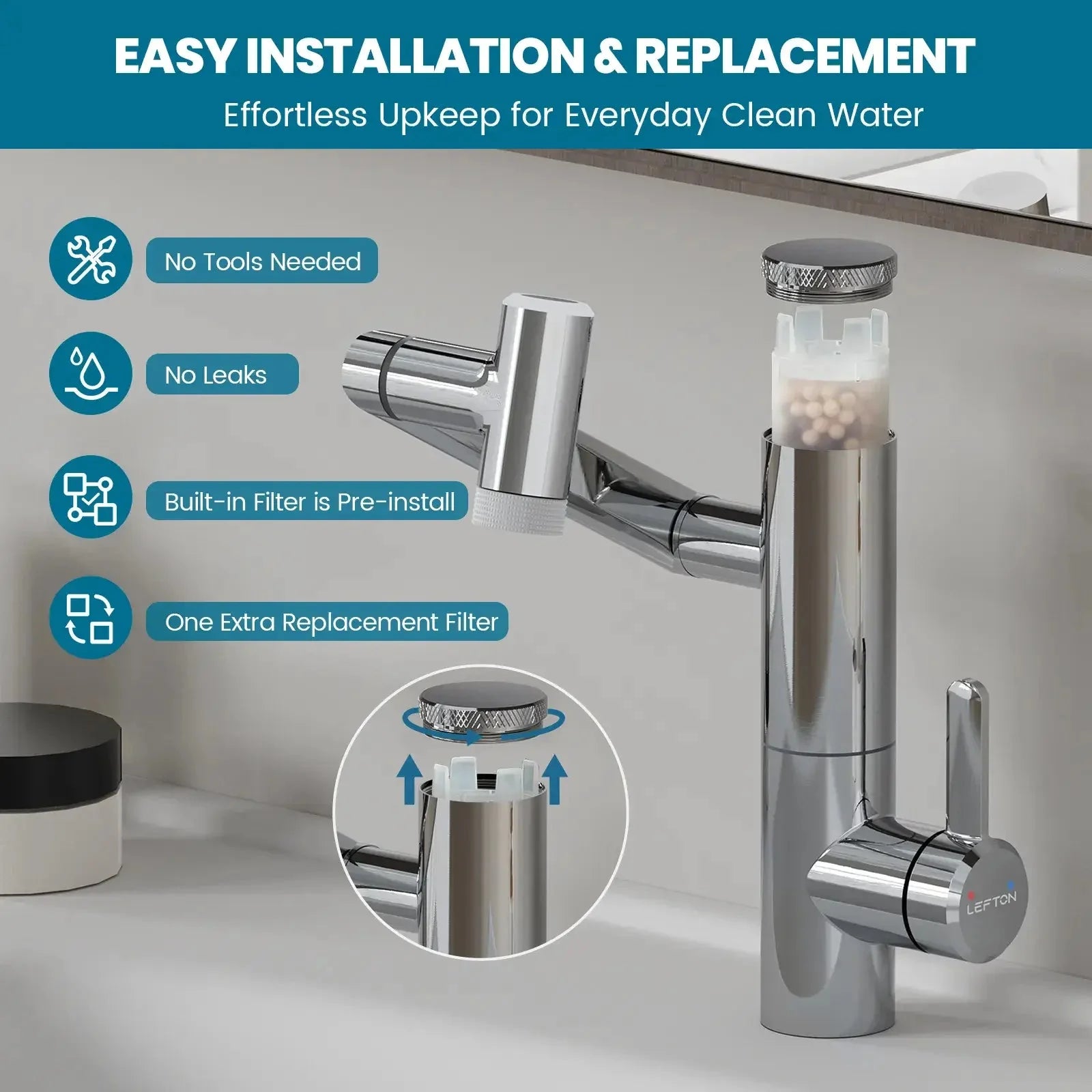 Lefton 1080° Rotating Bathroom Built-in Filter Faucet With Temperature Display-BPF01