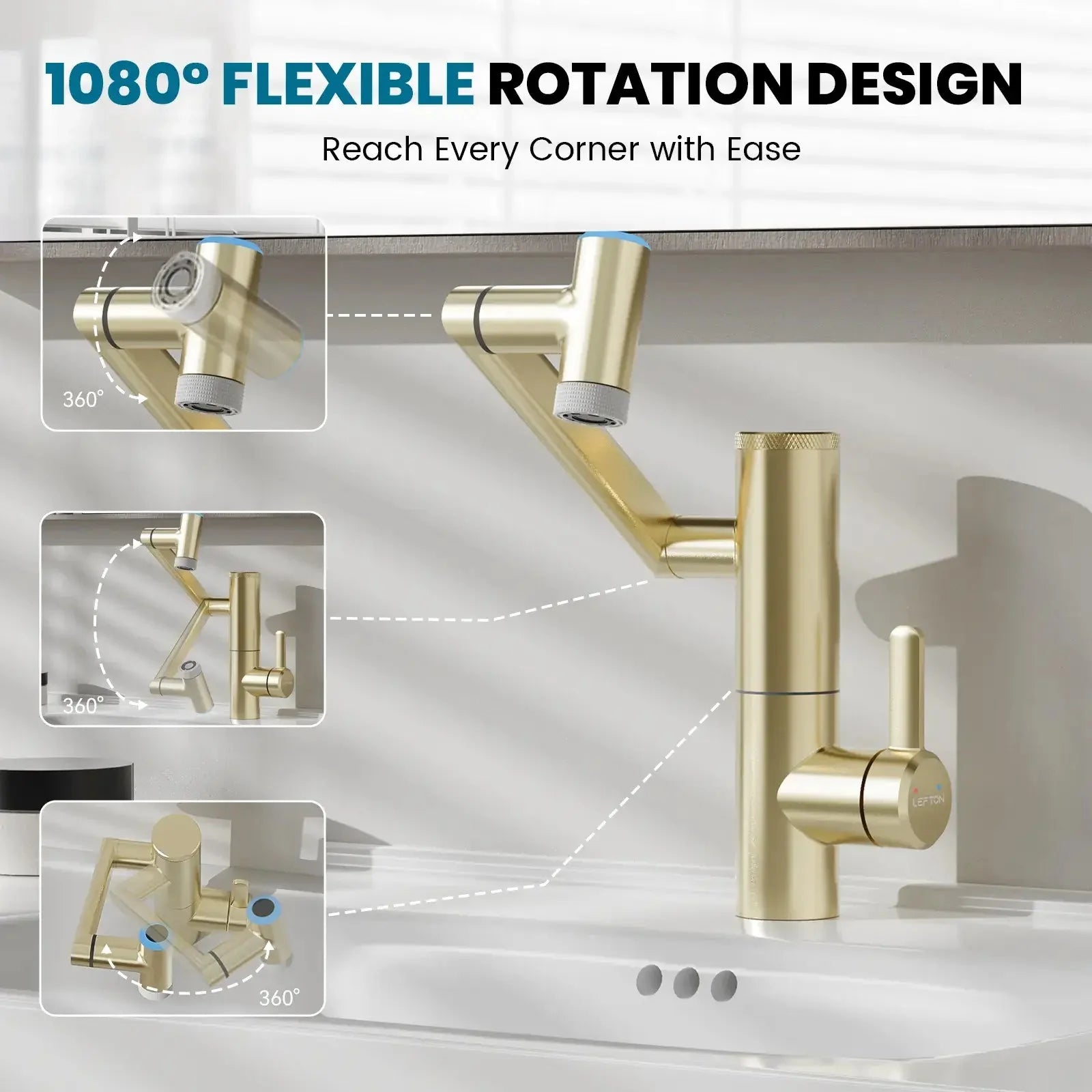Lefton 1080° Rotating Bathroom Built-in Filter Faucet With Temperature Display-BPF01