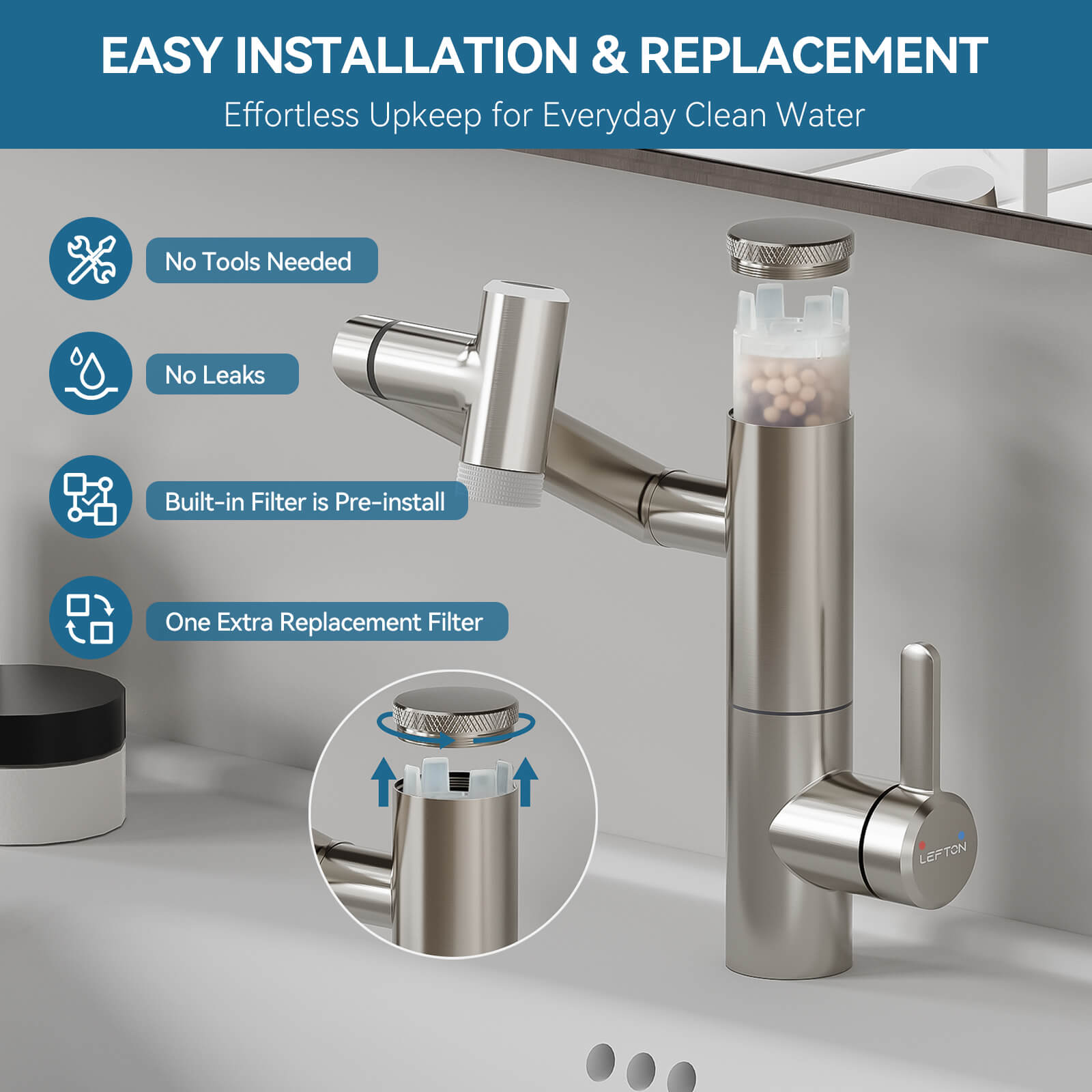 Lefton 1080° Rotating Bathroom Built-in Filter Faucet With Temperature Display-BPF01