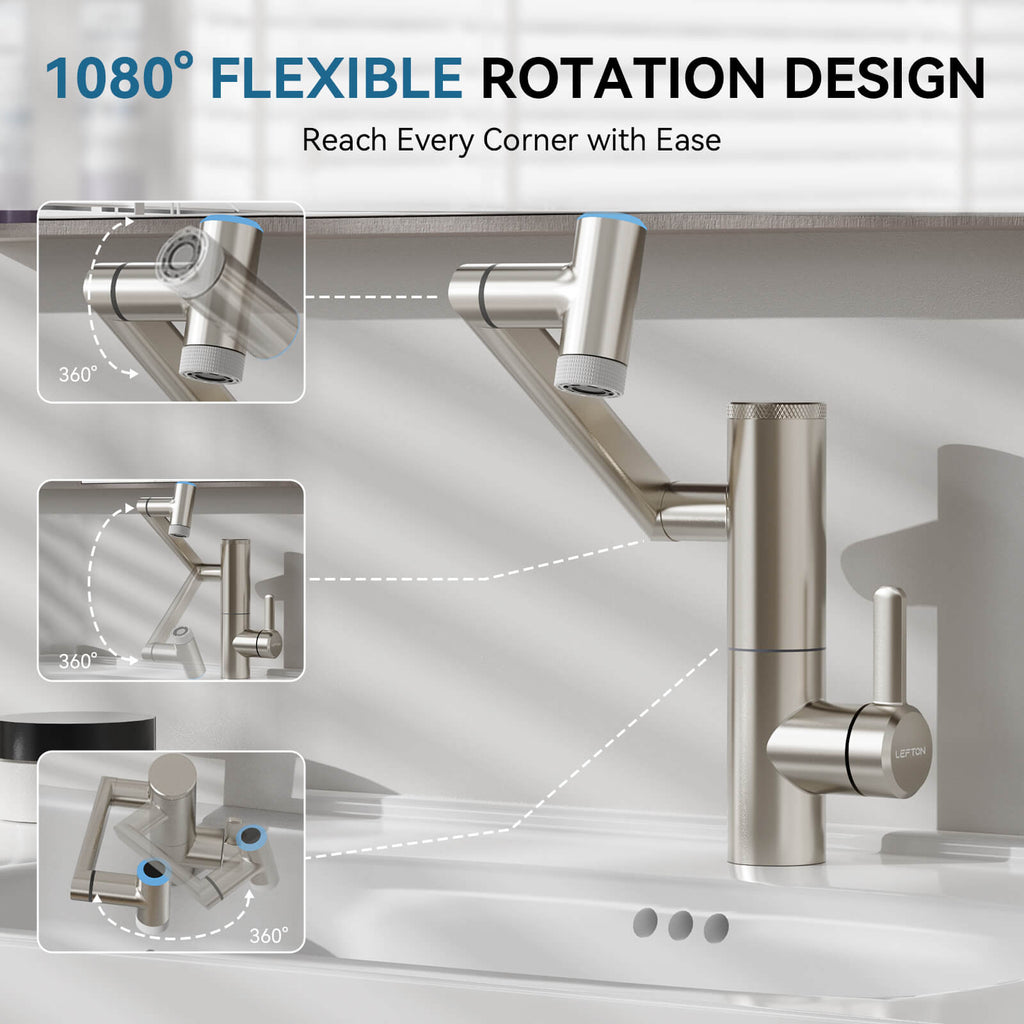 Lefton 1080° Rotating Bathroom Built-in Filter Faucet With Temperature Display-BPF01