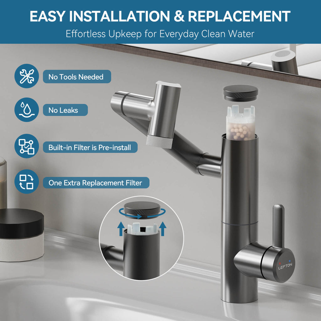 Lefton 1080° Rotating Bathroom Built-in Filter Faucet With Temperature Display-BPF01