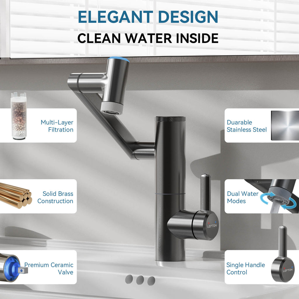 Lefton 1080° Rotating Bathroom Built-in Filter Faucet With Temperature Display-BPF01