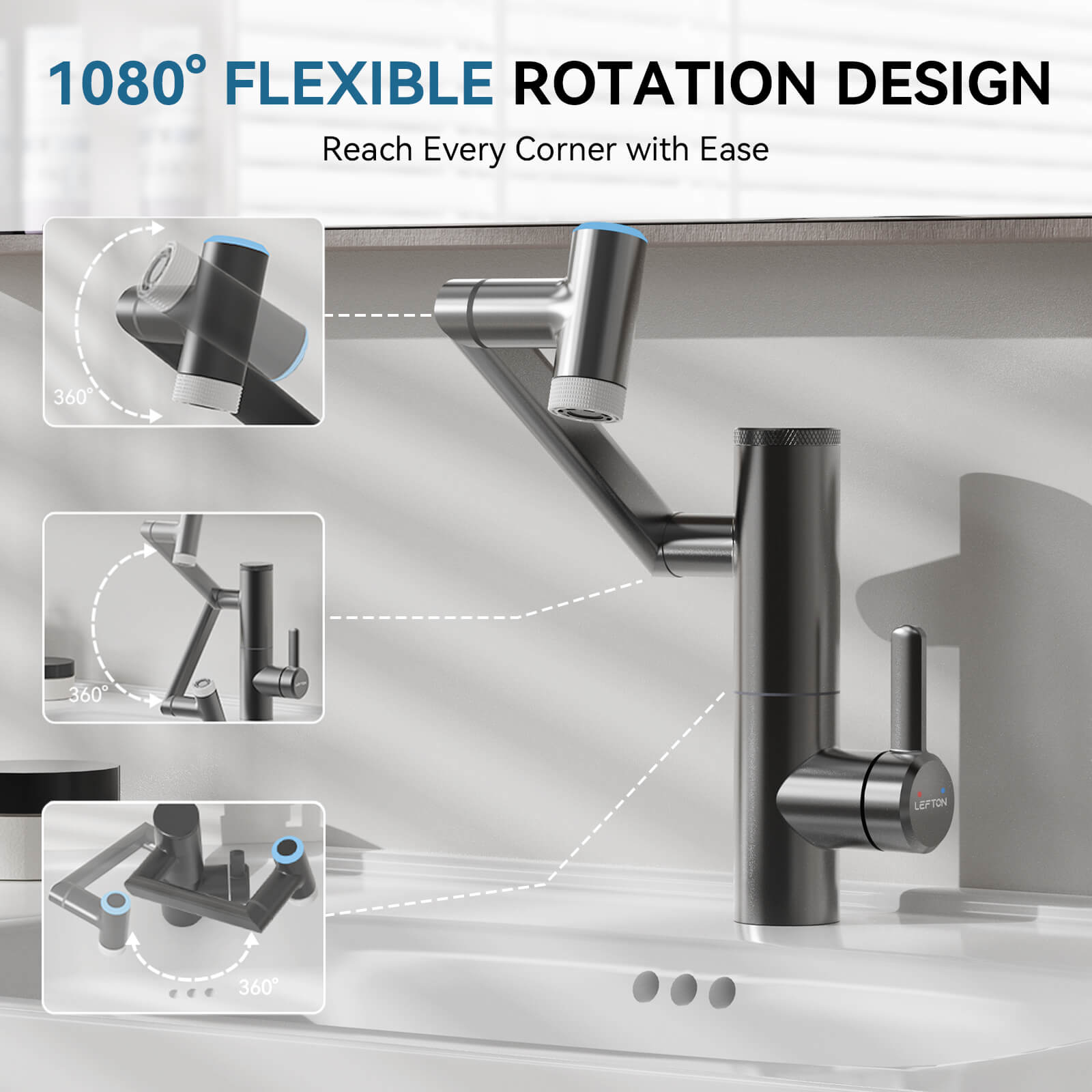 Lefton 1080° Rotating Bathroom Built-in Filter Faucet With Temperature Display-BPF01