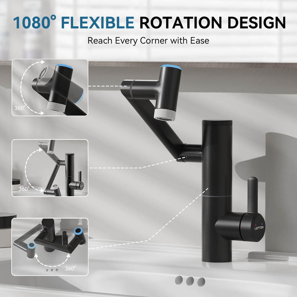 Lefton 1080° Rotating Bathroom Built-in Filter Faucet With Temperature Display-BPF01