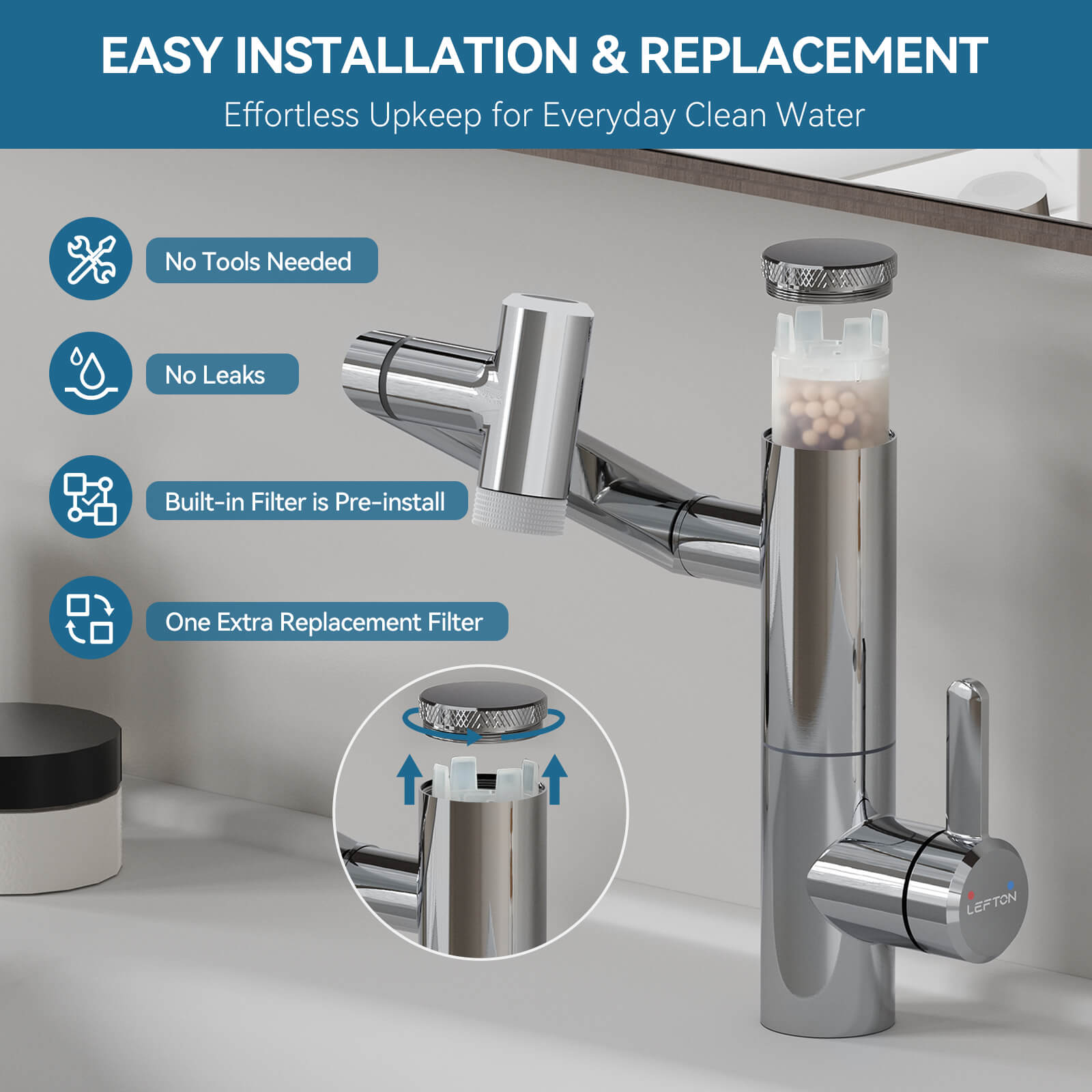 Lefton 1080° Rotating Bathroom Built-in Filter Faucet With Temperature Display-BPF01