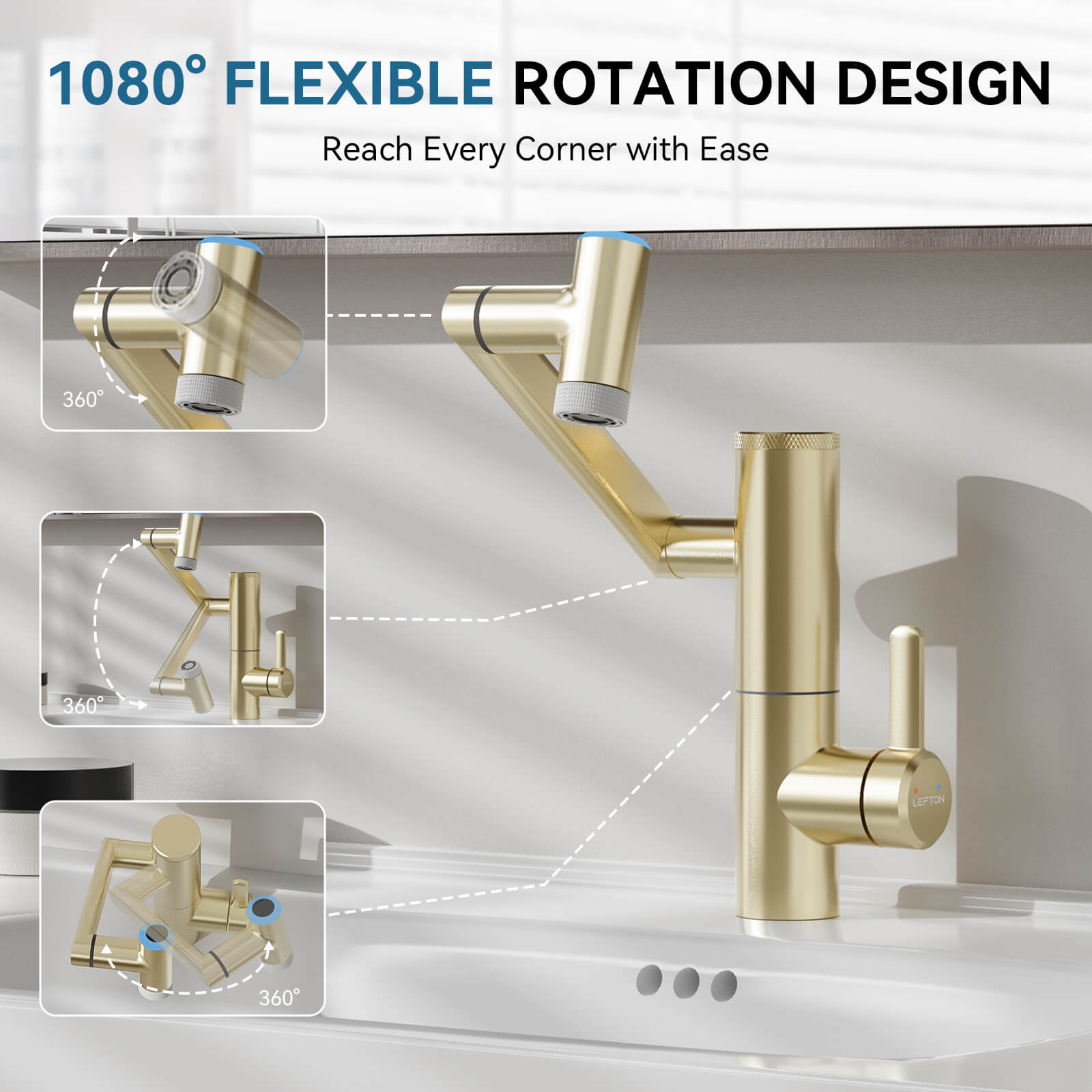 Lefton 1080° Rotating Bathroom Built-in Filter Faucet With Temperature Display-BPF01