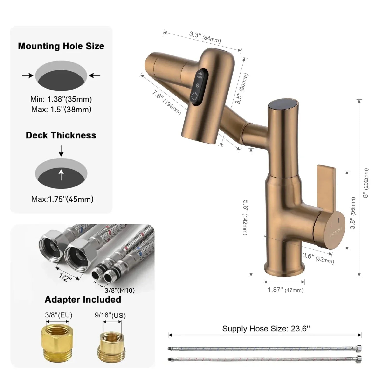 Recertified-Lefton Single-Hole Rotatable Faucet with Temperature Display-BF2204-US