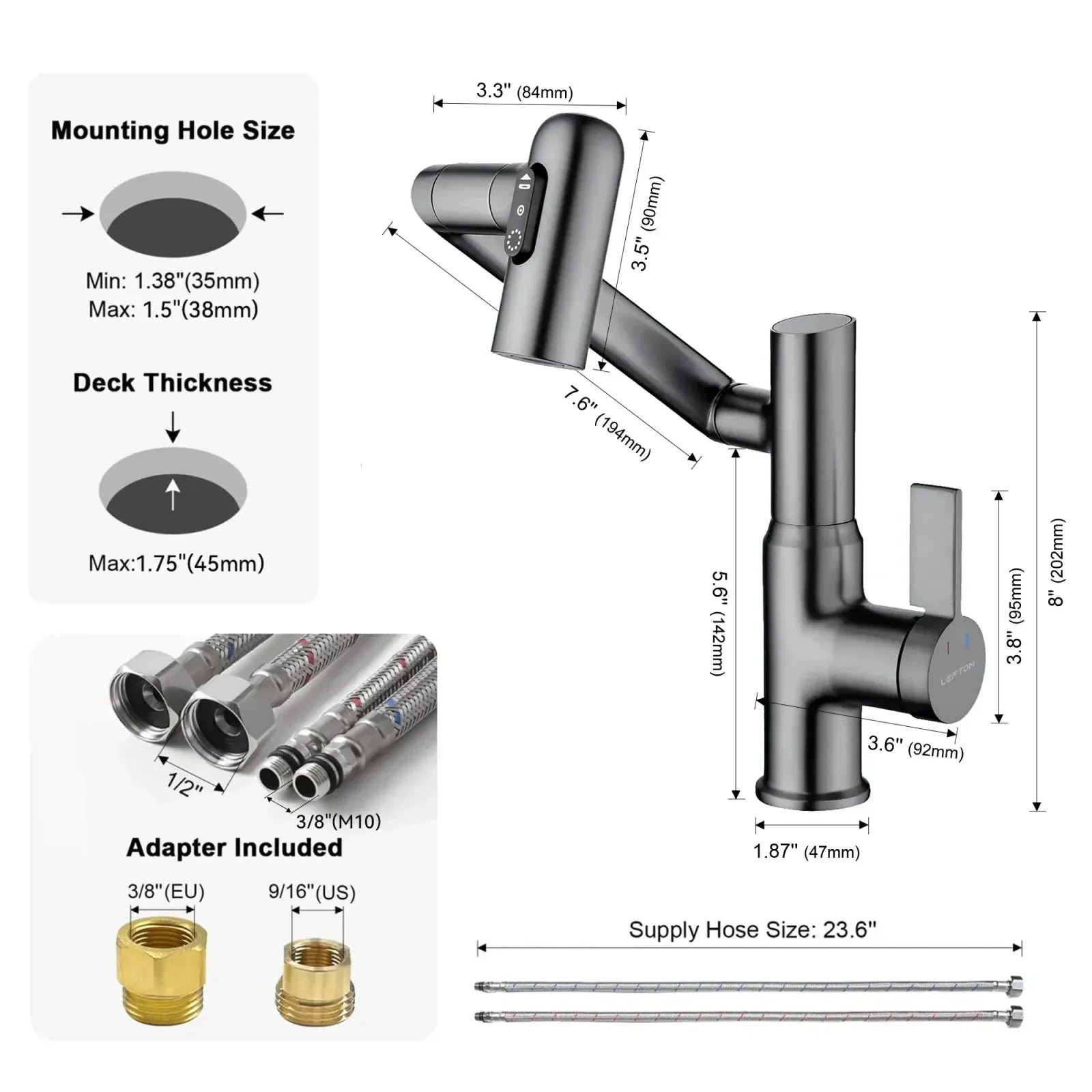 Recertified-Lefton Single-Hole Rotatable Faucet with Temperature Display-BF2204-US