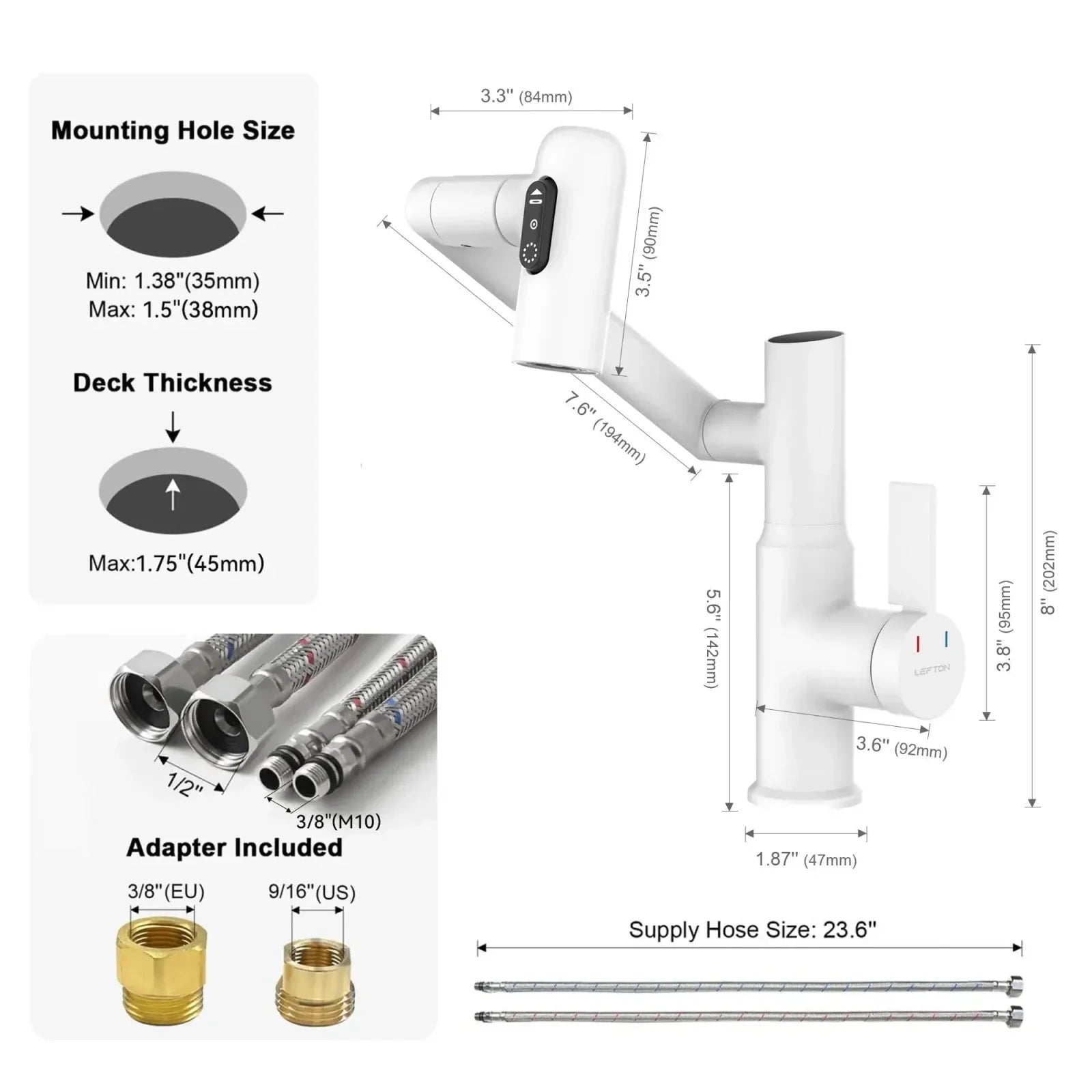 Recertified-Lefton Single-Hole Rotatable Faucet with Temperature Display-BF2204-US