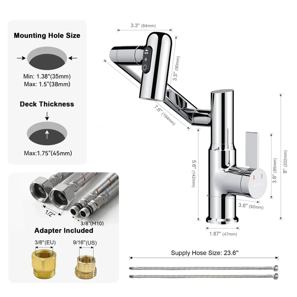 Recertified-Lefton Single-Hole Rotatable Faucet with Temperature Display-BF2204-US