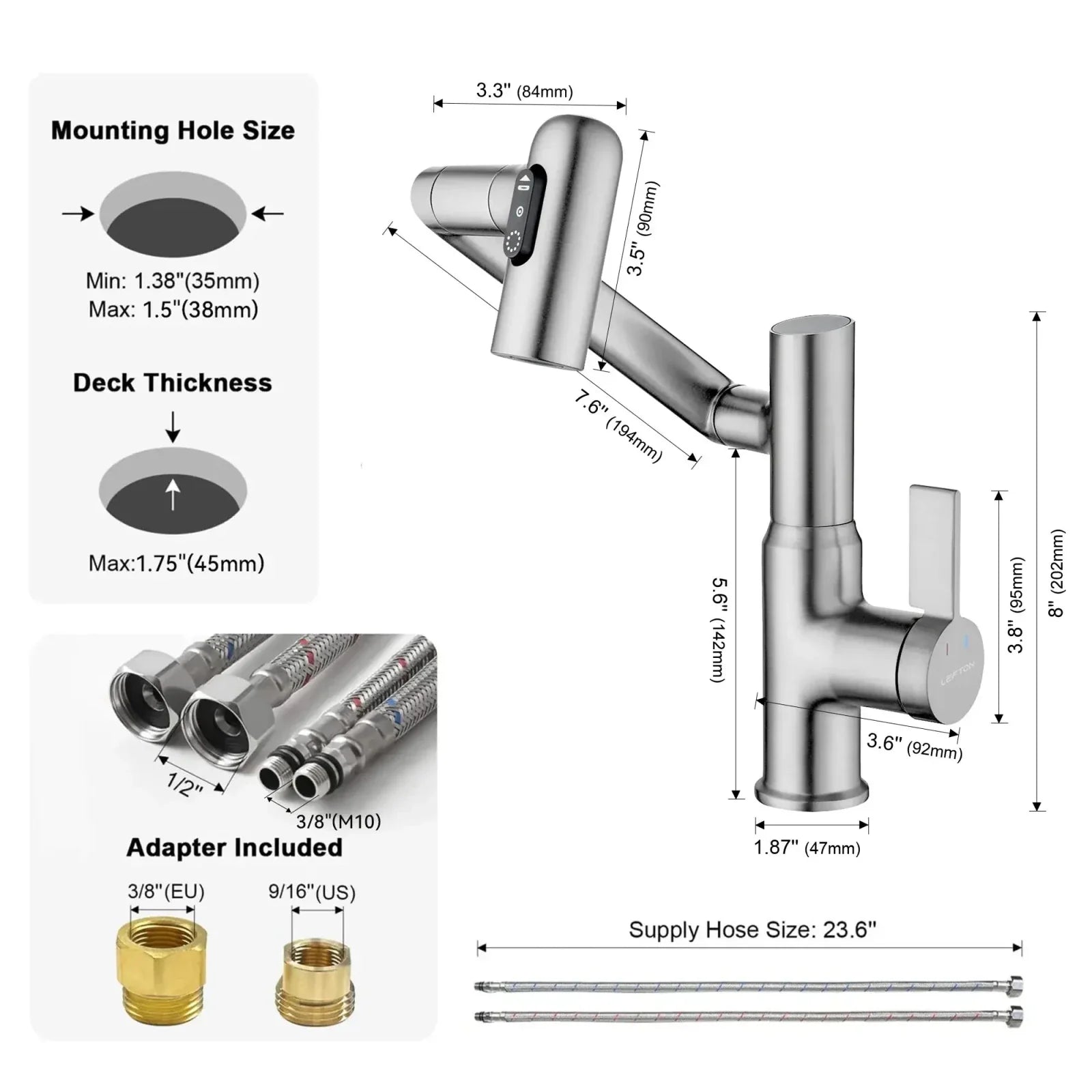 Recertified-Lefton Single-Hole Rotatable Faucet with Temperature Display-BF2204-US