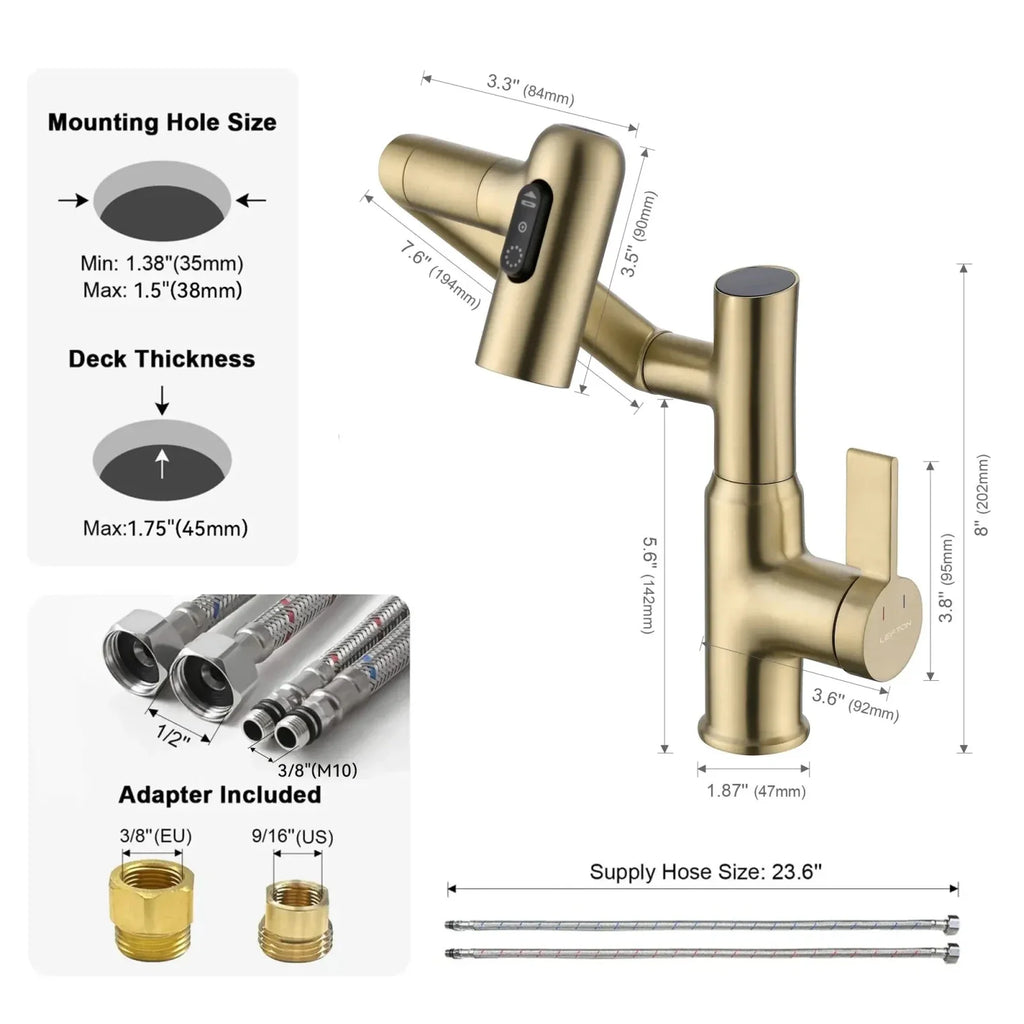 Recertified-Lefton Single-Hole Rotatable Faucet with Temperature Display-BF2204-US