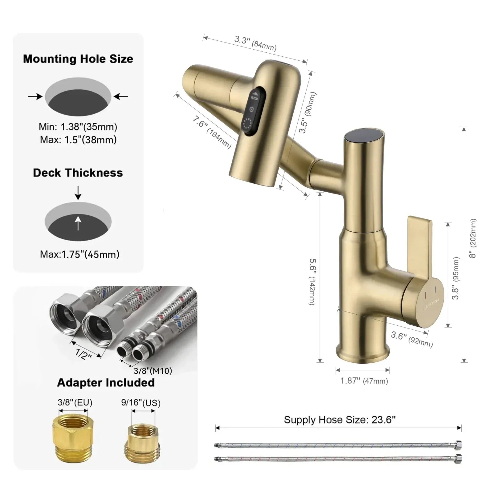Recertified-Lefton Single-Hole Rotatable Faucet with Temperature Display-BF2204-US