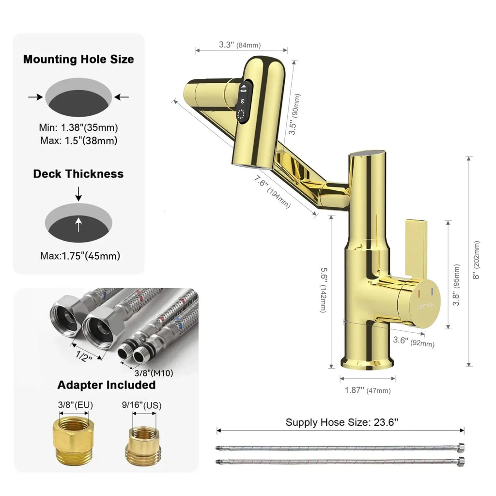Recertified-Lefton Single-Hole Rotatable Faucet with Temperature Display-BF2204-US