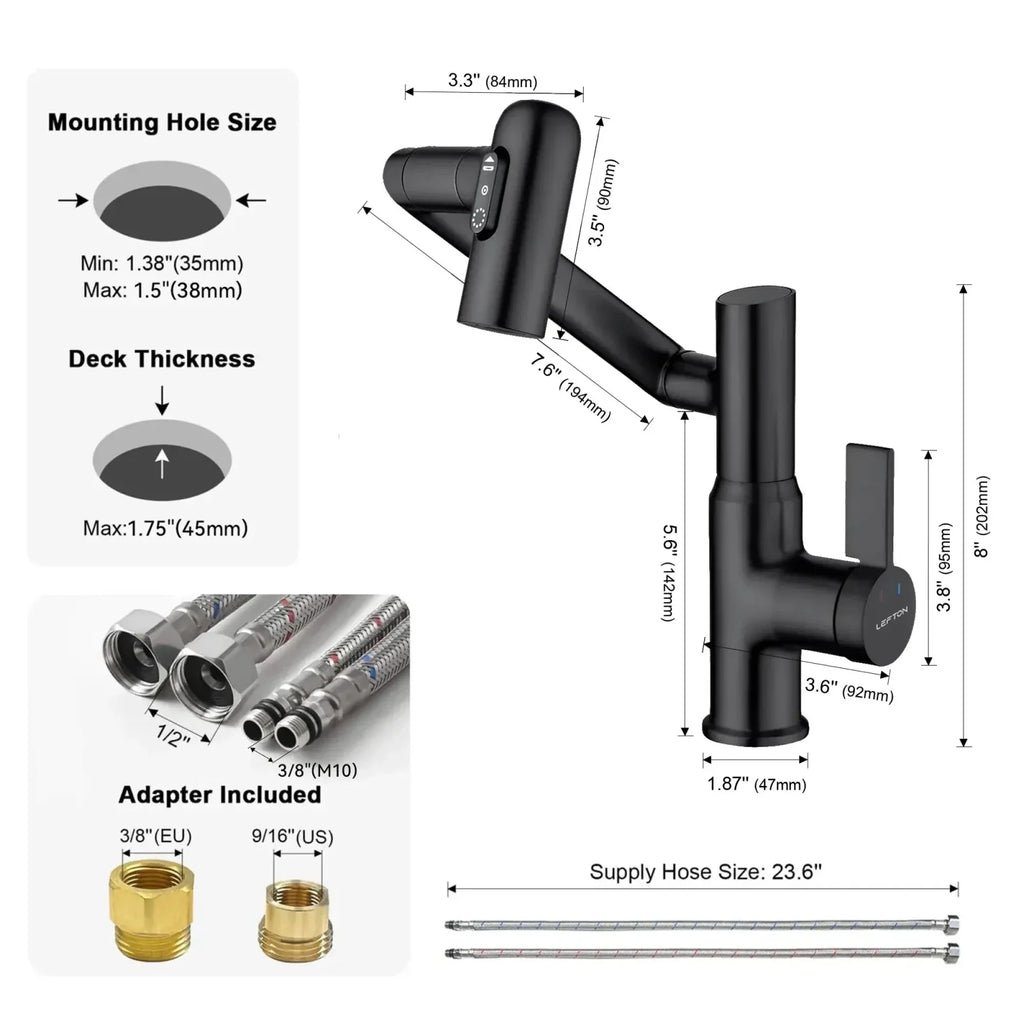 Recertified-Lefton Single-Hole Rotatable Faucet with Temperature Display-BF2204-US