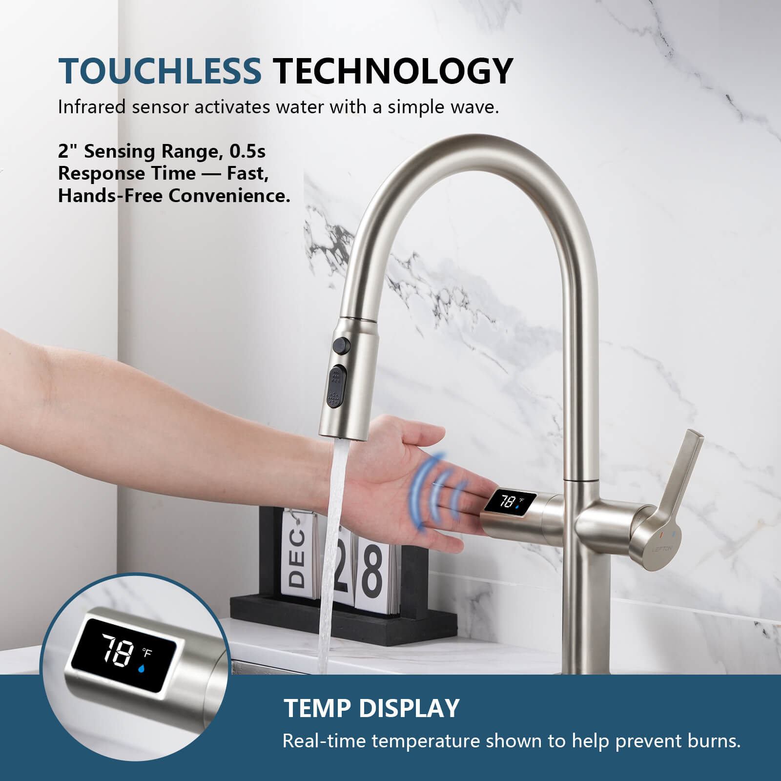 Recertified-Lefton Touchless Sensor Kitchen Faucet with Temperature Display-KF2206-US