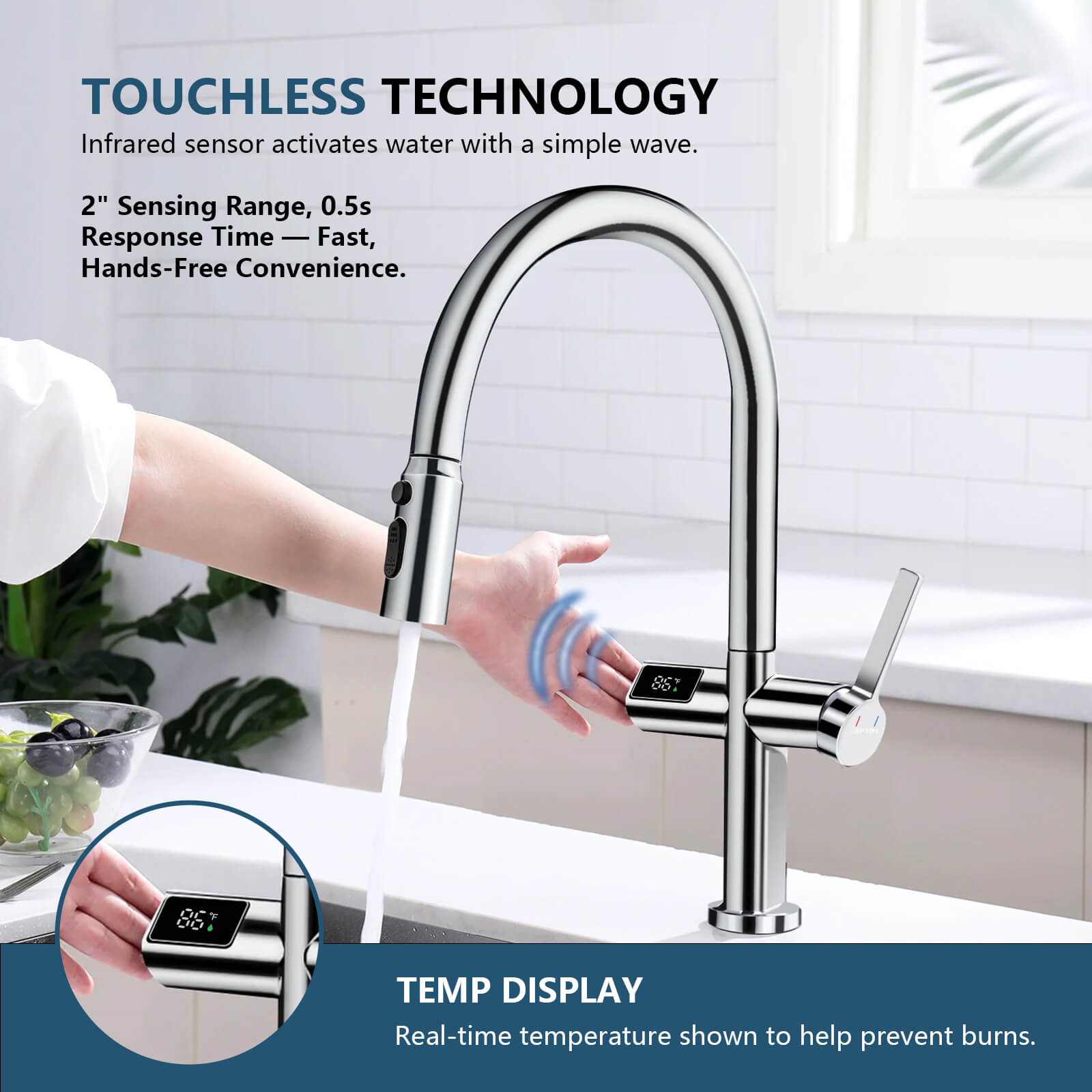 Recertified-Lefton Touchless Sensor Kitchen Faucet with Temperature Display-KF2206-US