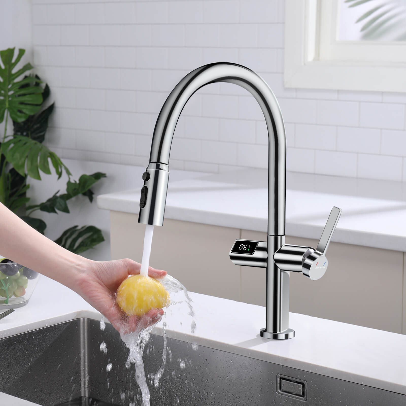 Recertified-Lefton Touchless Sensor Kitchen Faucet with Temperature Display-KF2206-US