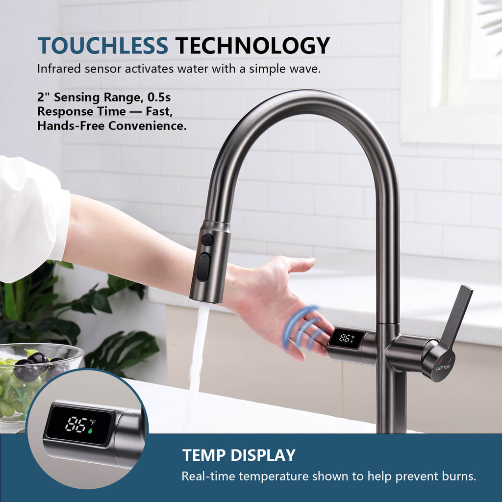 Recertified-Lefton Touchless Sensor Kitchen Faucet with Temperature Display-KF2206-US