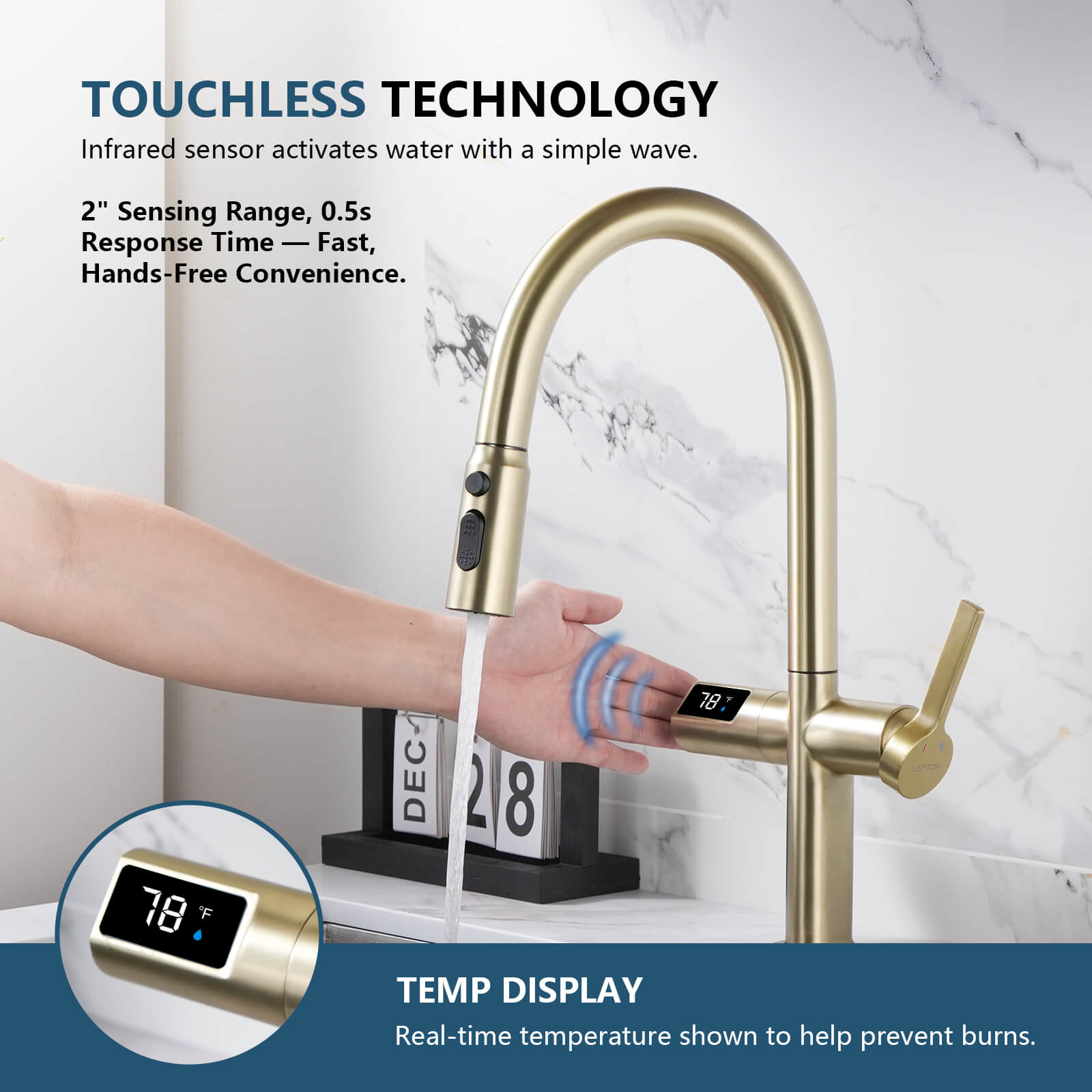 Recertified-Lefton Touchless Sensor Kitchen Faucet with Temperature Display-KF2206-US